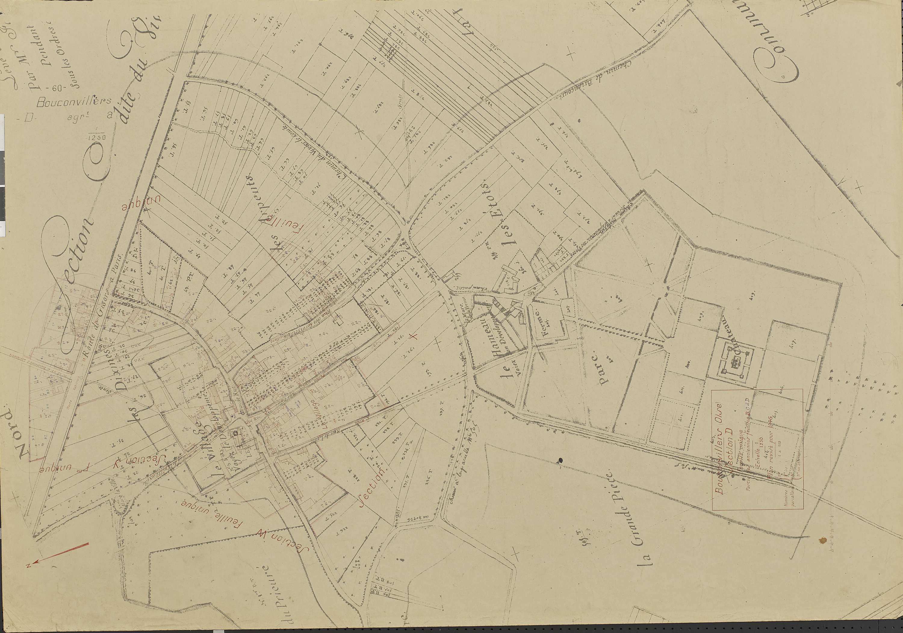 Bouconvillers - Cadastre rénové, section D, feuille unique, document de travail sur fond de cadastre napoléonien