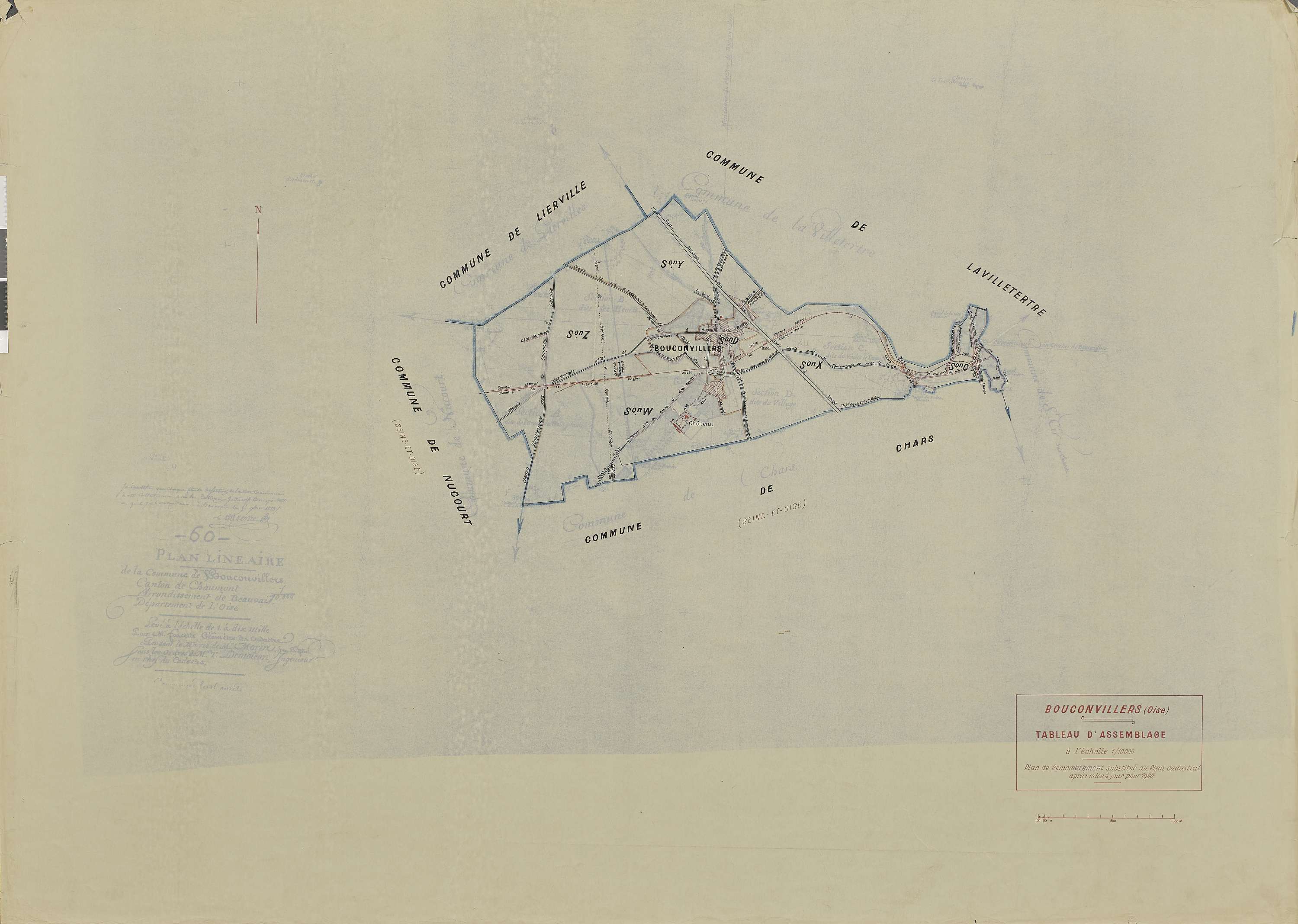 Bouconvillers - Cadastre rénové, tableau d'assemblage, document de travail sur fond de cadastre napoléonien