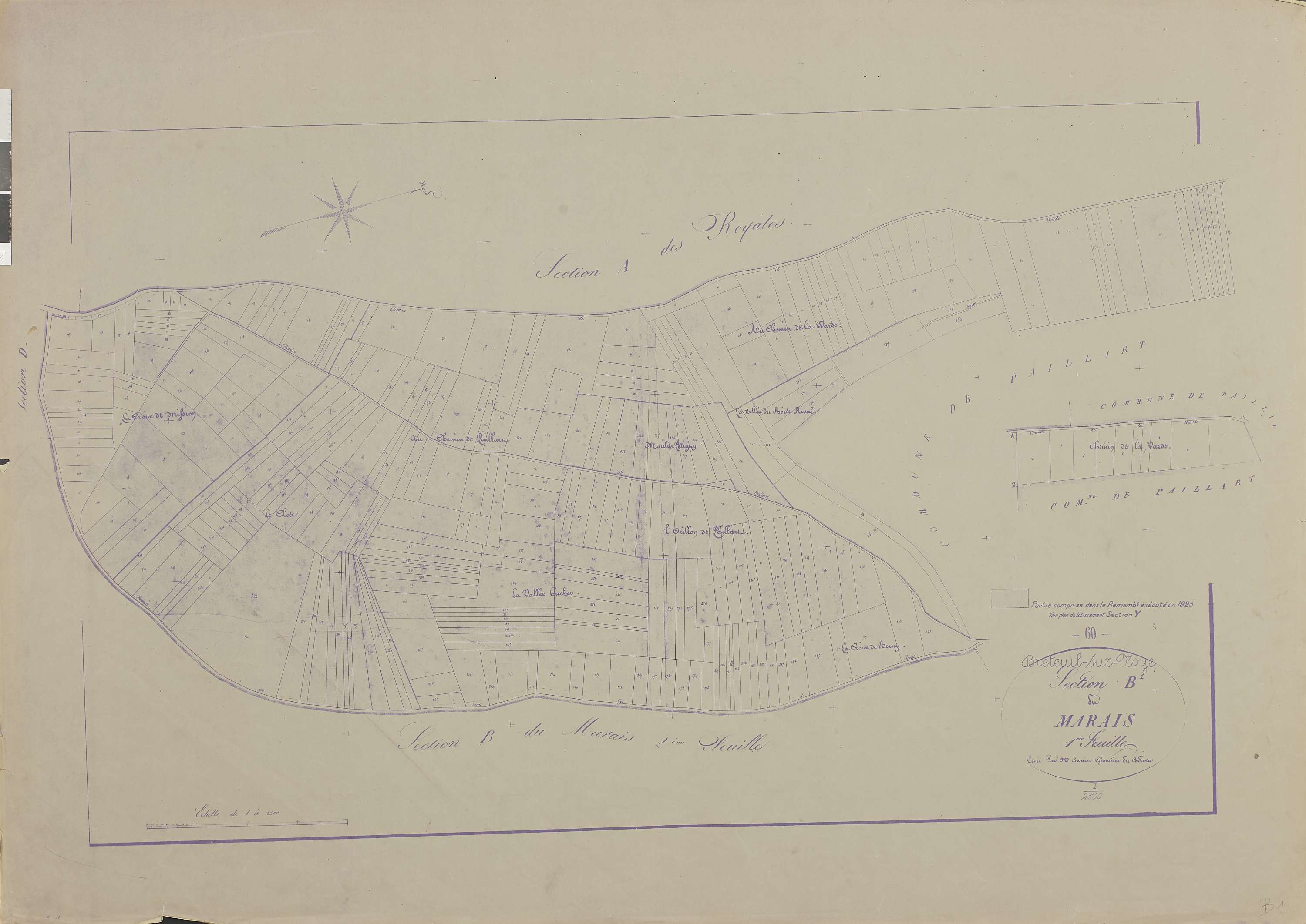 Breteuil - Remembrement rural, section B, feuille 1, document de travail sur fond du cadastre napoléonien