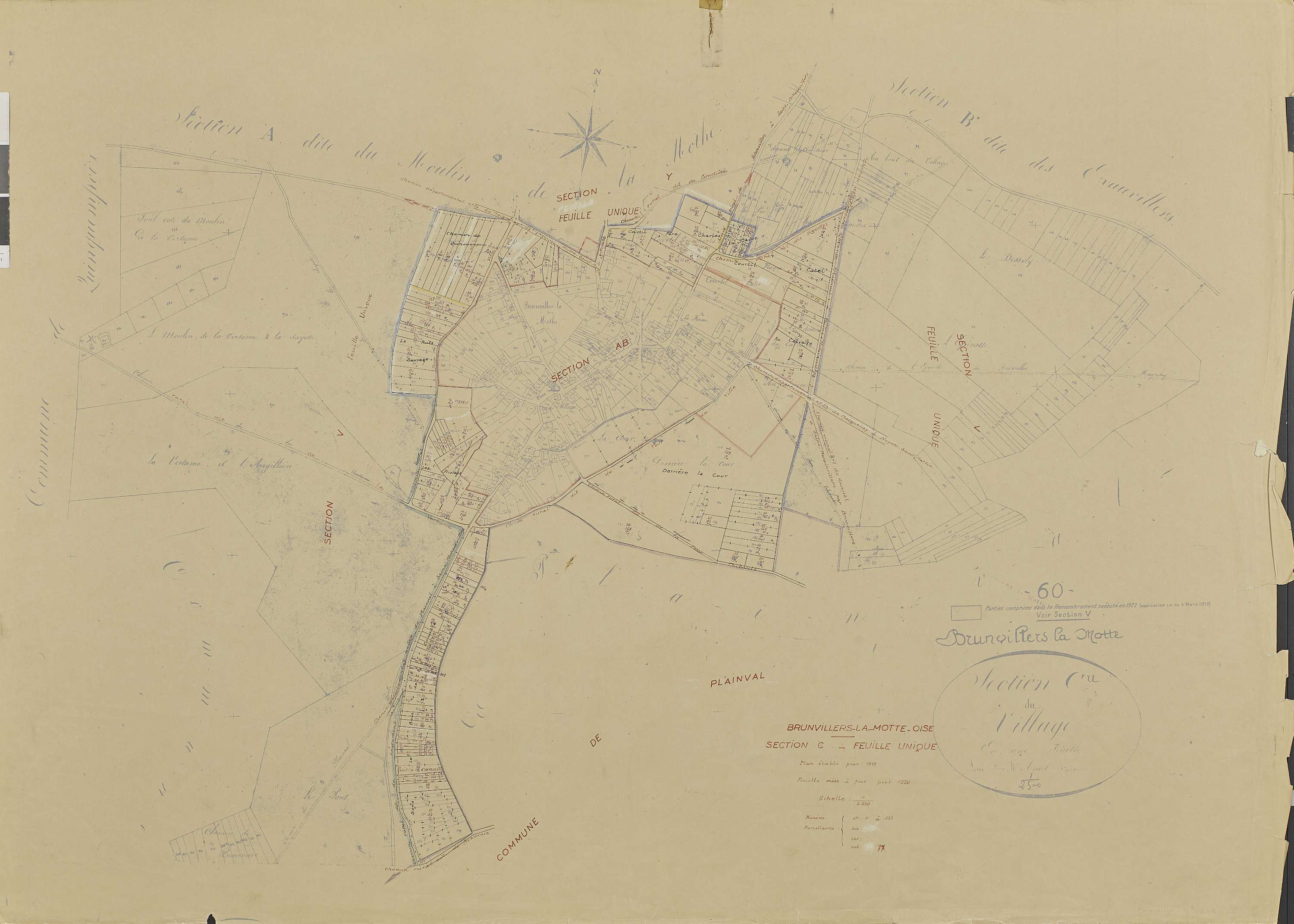 Brunvillers-la-Motte - Cadastre rénové, section C, document de travail sur fond de cadastre napoléonien