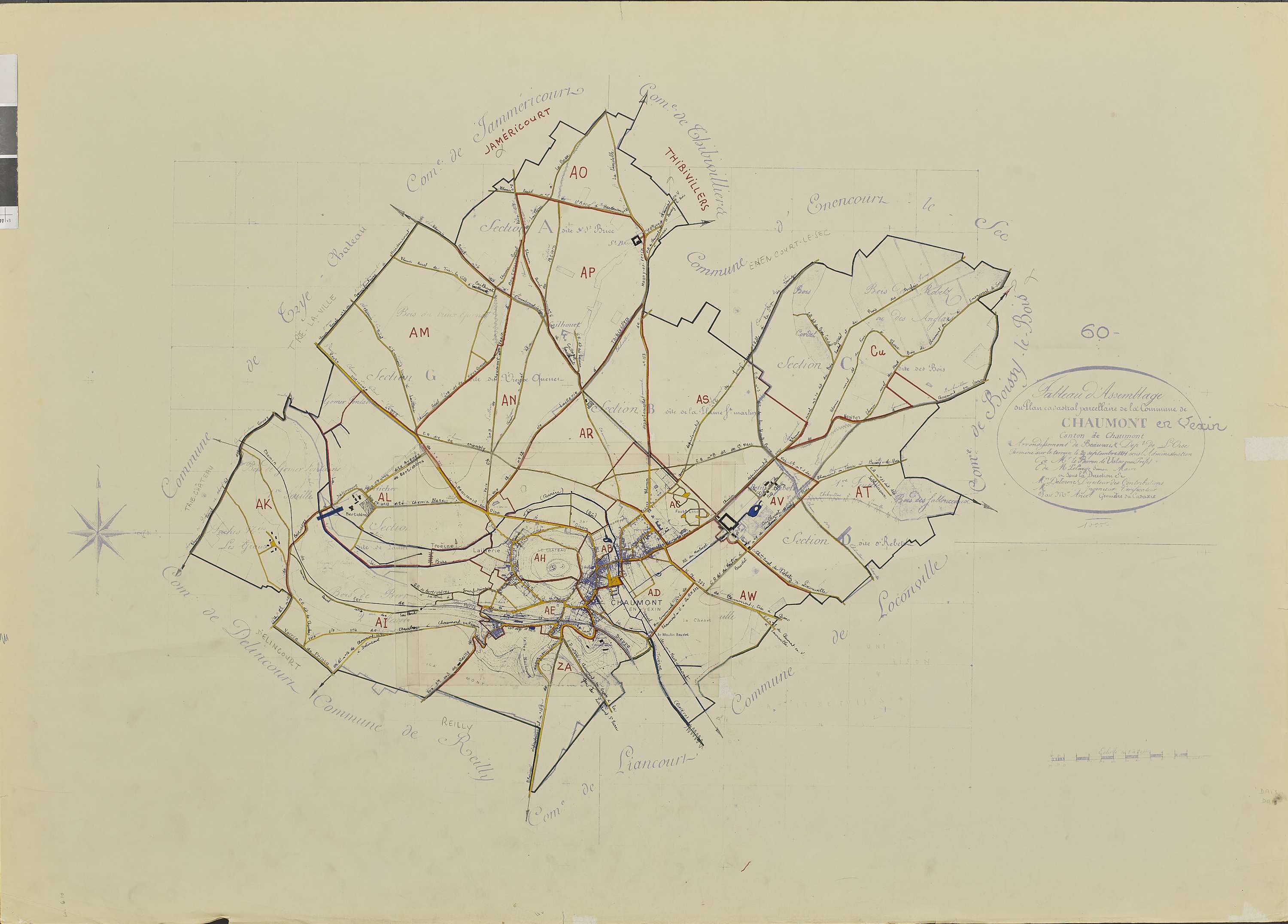 Chaumont-en-Vexin - Cadastre rénové, tableau d'assemblage sur fond de cadastre napoléonien