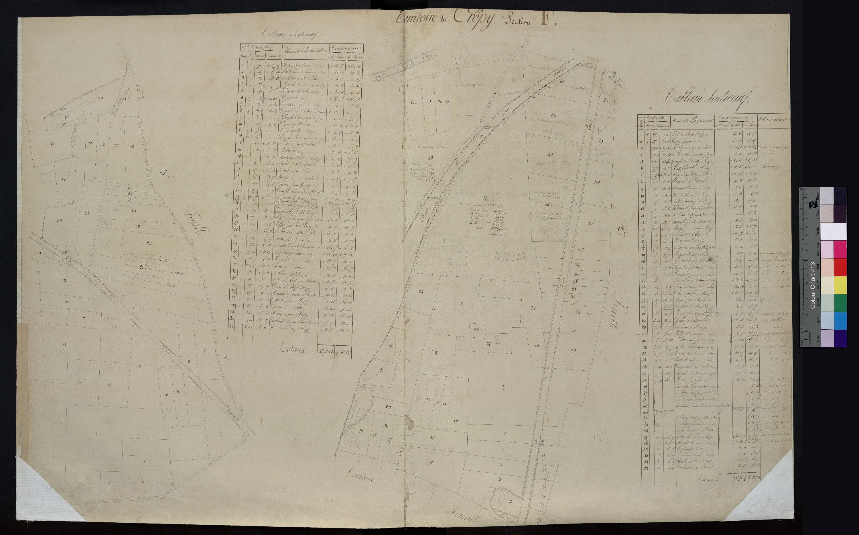 Crépy-en-Valois - Cadastre napoléonien, section F, tableau d'assemblagebleau indicatif 1 avec liste des propriétableau d'assemblageires