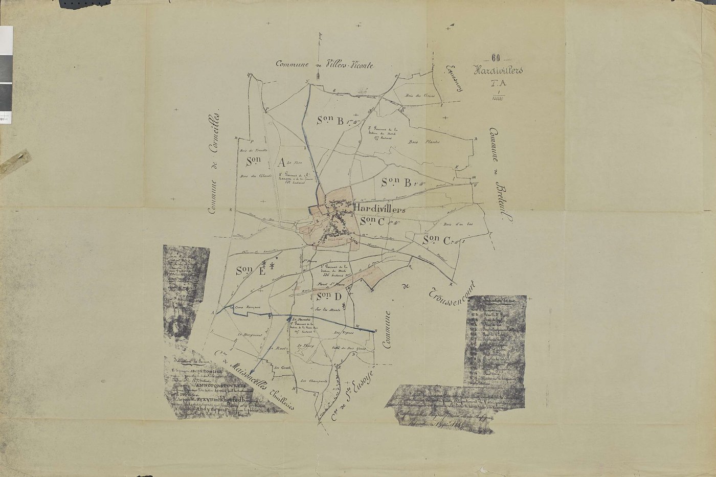 Hardivillers - Cadastre rénové, tableau d'assemblage, sur fond de cadastre napoléonien