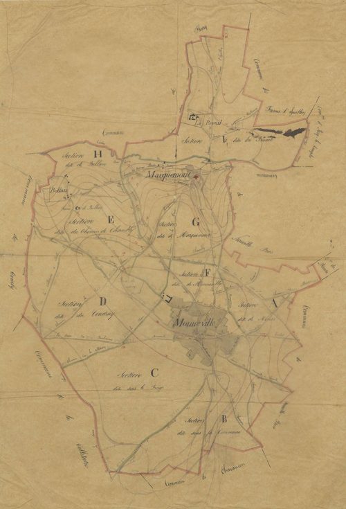 Monneville - Cadastre napoléonien, copie calque du tableau d'assemblage