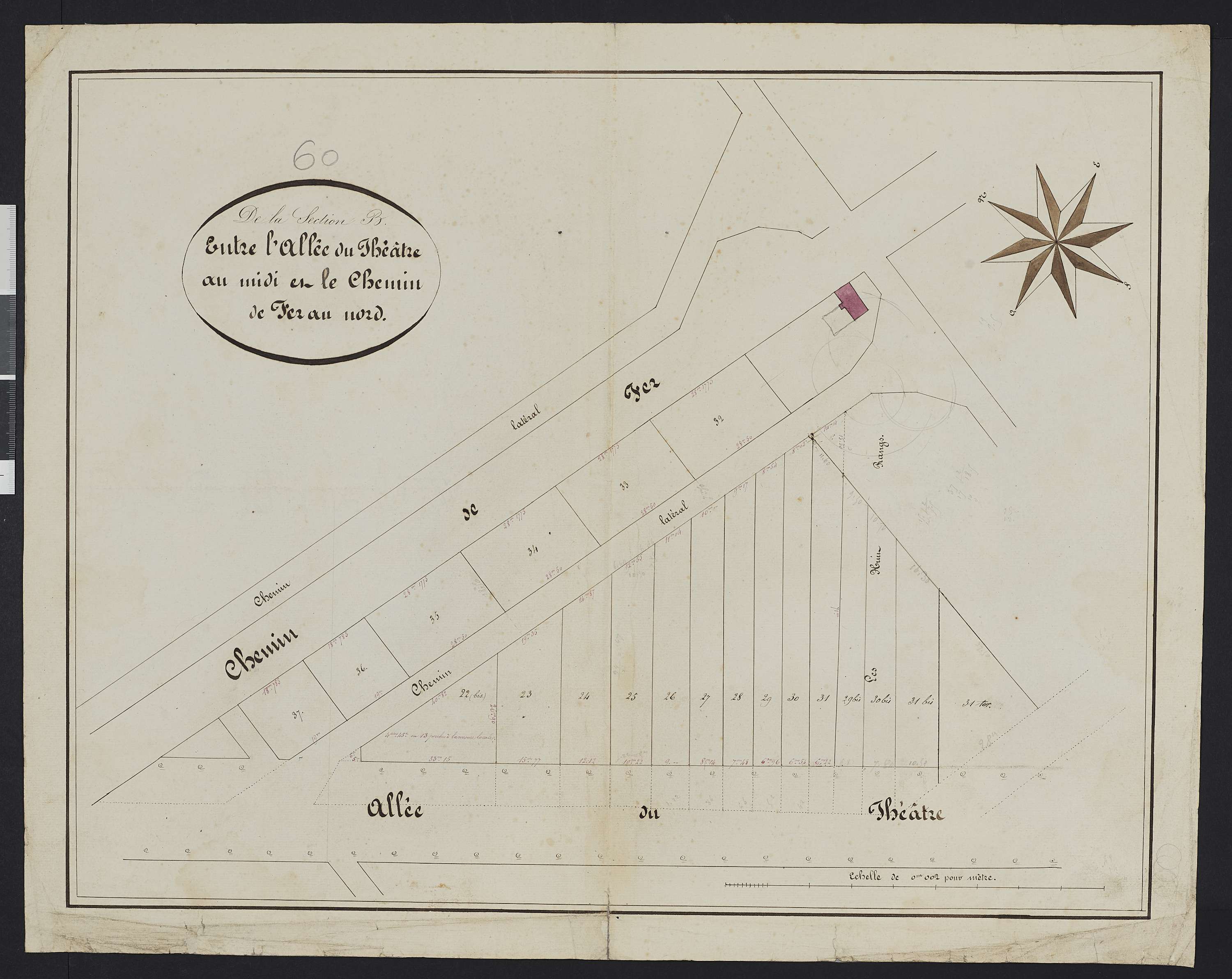 Vineuil-Saint-Firmin - Cadastre napoléonien, extrait de la section B entre l’allée du Théâtre au midi et le chemin de fer au nord, réalisé lors de la construction de la ligne de chemin de fer de Chantilly-Gouvieux à Senlis