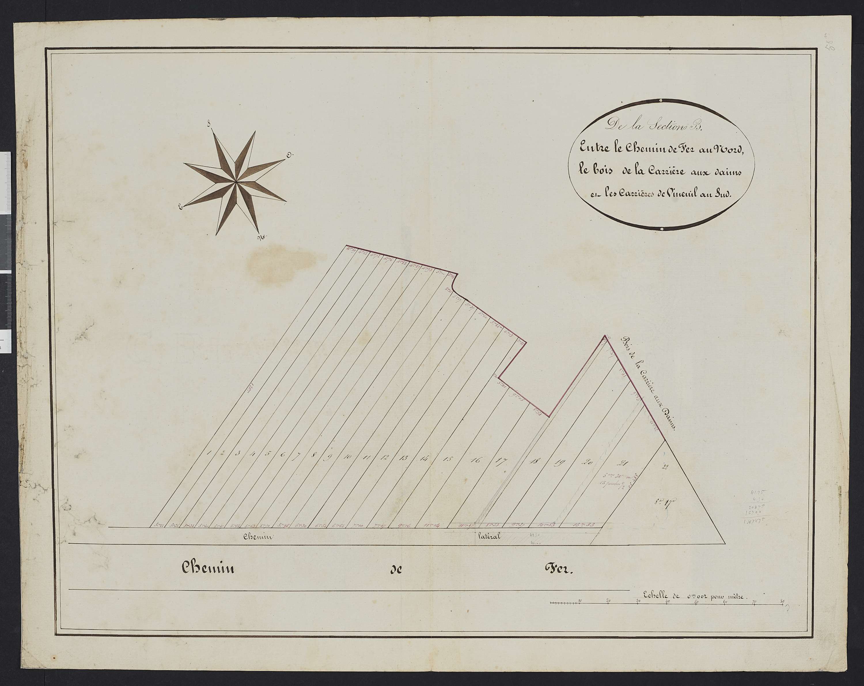 Vineuil-Saint-Firmin - Cadastre napoléonien, extrait de la section B entre le chemin de fer au nord, le bois de la Carrière aux daims et les carrières de Vineuil au sud, réalisé lors de la construction de la ligne de chemin de fer de Chantilly-Gouvieux à 