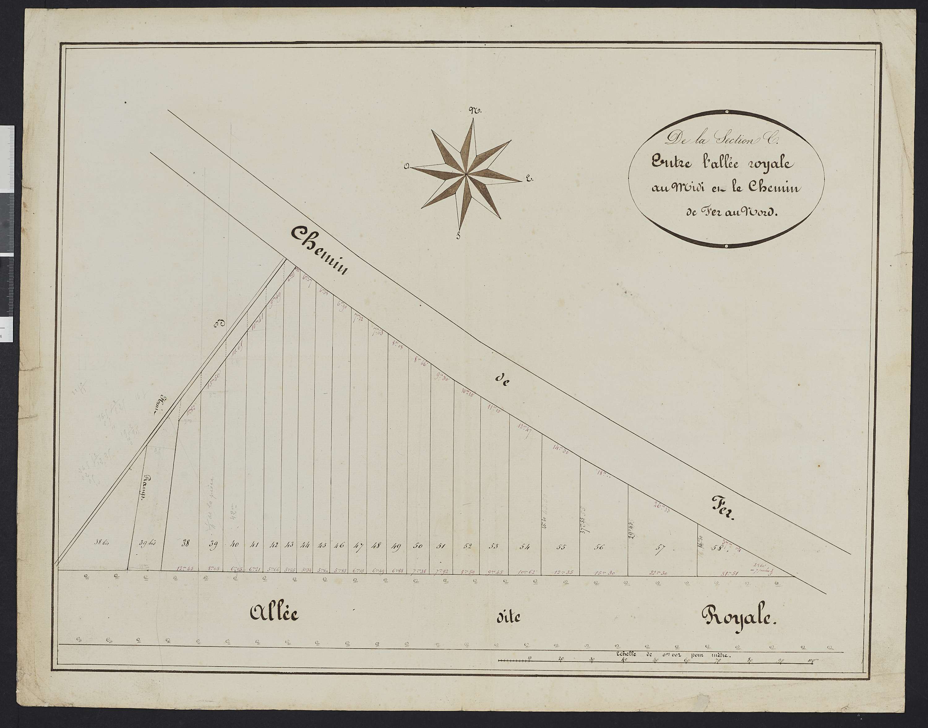 Vineuil-Saint-Firmin - Cadastre napoléonien, extrait de la section C entre l’allée royale au midi et le chemin de fer au nord, réalisé lors de la construction de la ligne de chemin de fer de Chantilly-Gouvieux à Senlis