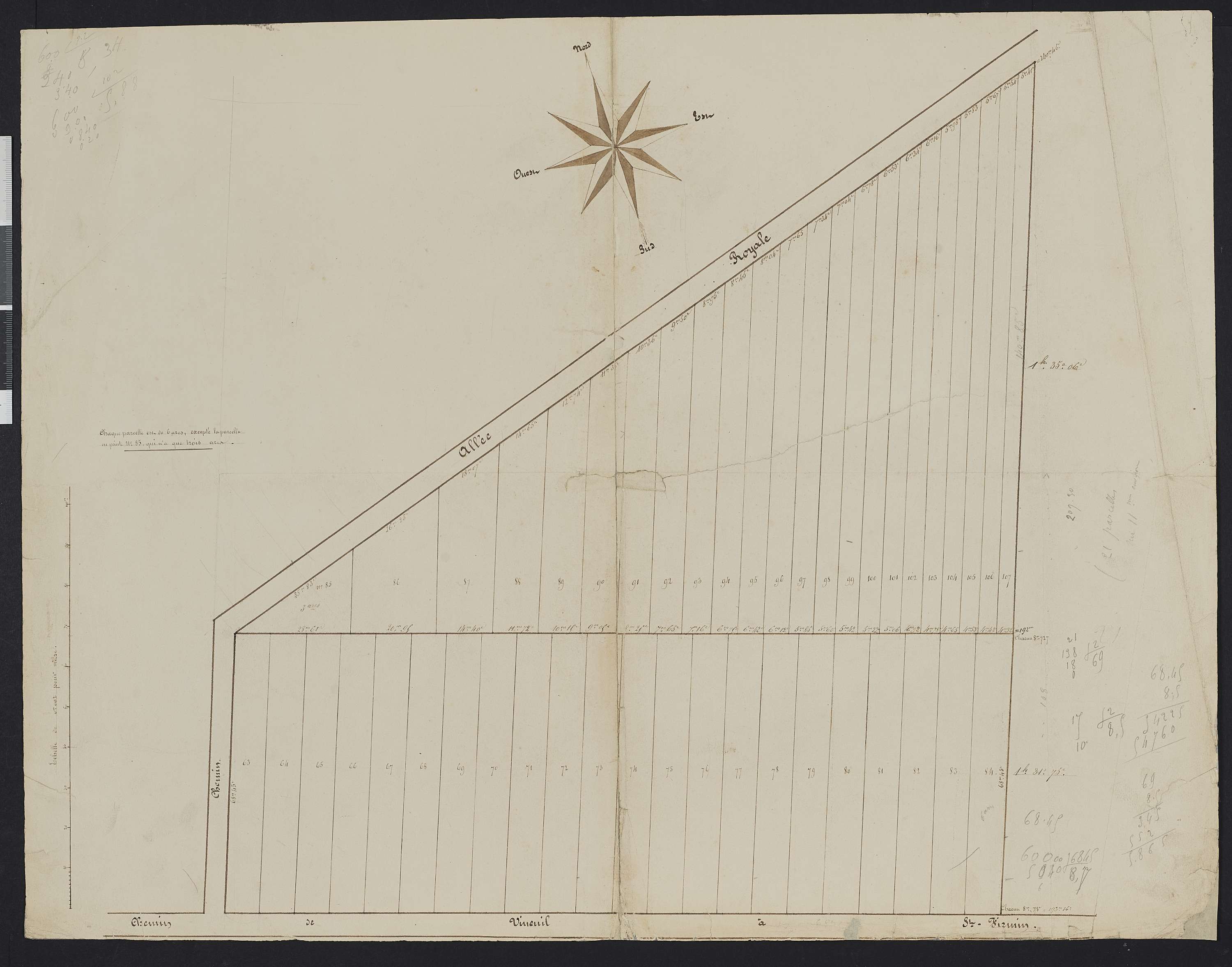 Vineuil-Saint-Firmin - Cadastre napoléonien, extrait de la section C entre l’allée royale et le chemin de Vineuil à Saint-Firmin, réalisé lors de la construction de la ligne de chemin de fer de Chantilly-Gouvieux à Senlis