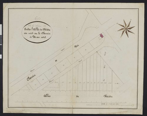 Vineuil-Saint-Firmin - Cadastre napoléonien, extrait de la section B entre l’allée du Théâtre au midi et le chemin de fer au nord, réalisé lors de la construction de la ligne de chemin de fer de Chantilly-Gouvieux à Senlis