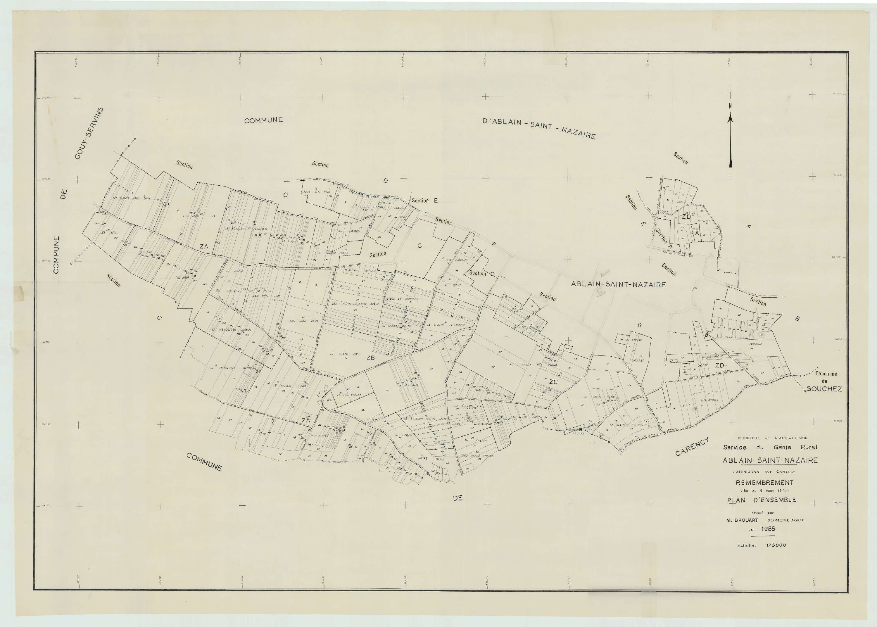 Ablain-Saint-Nazaire - Plan cadastral : tableau d'assemblage antérieur au remembrement.