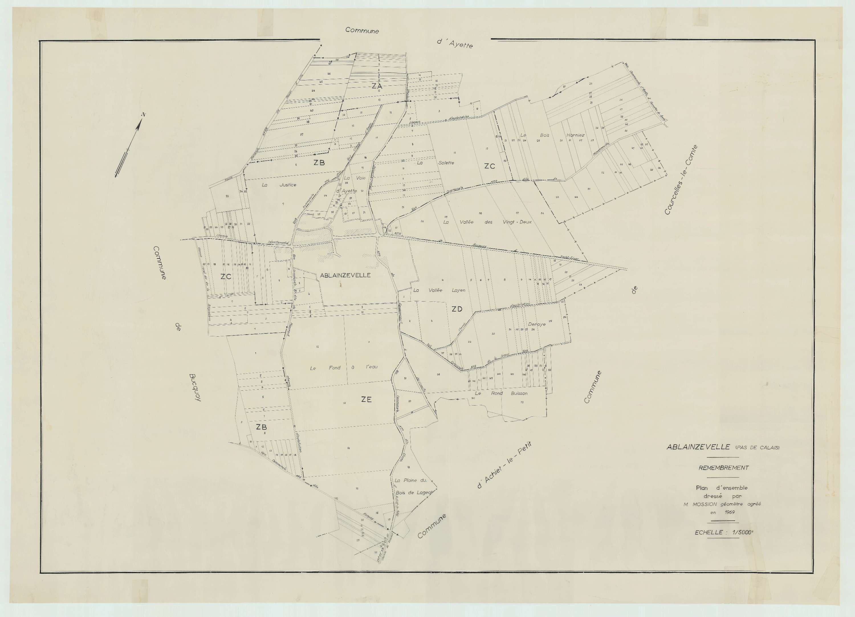 Ablainzevelle - Plan cadastral : tableau d'assemblage postérieur au remembrement.