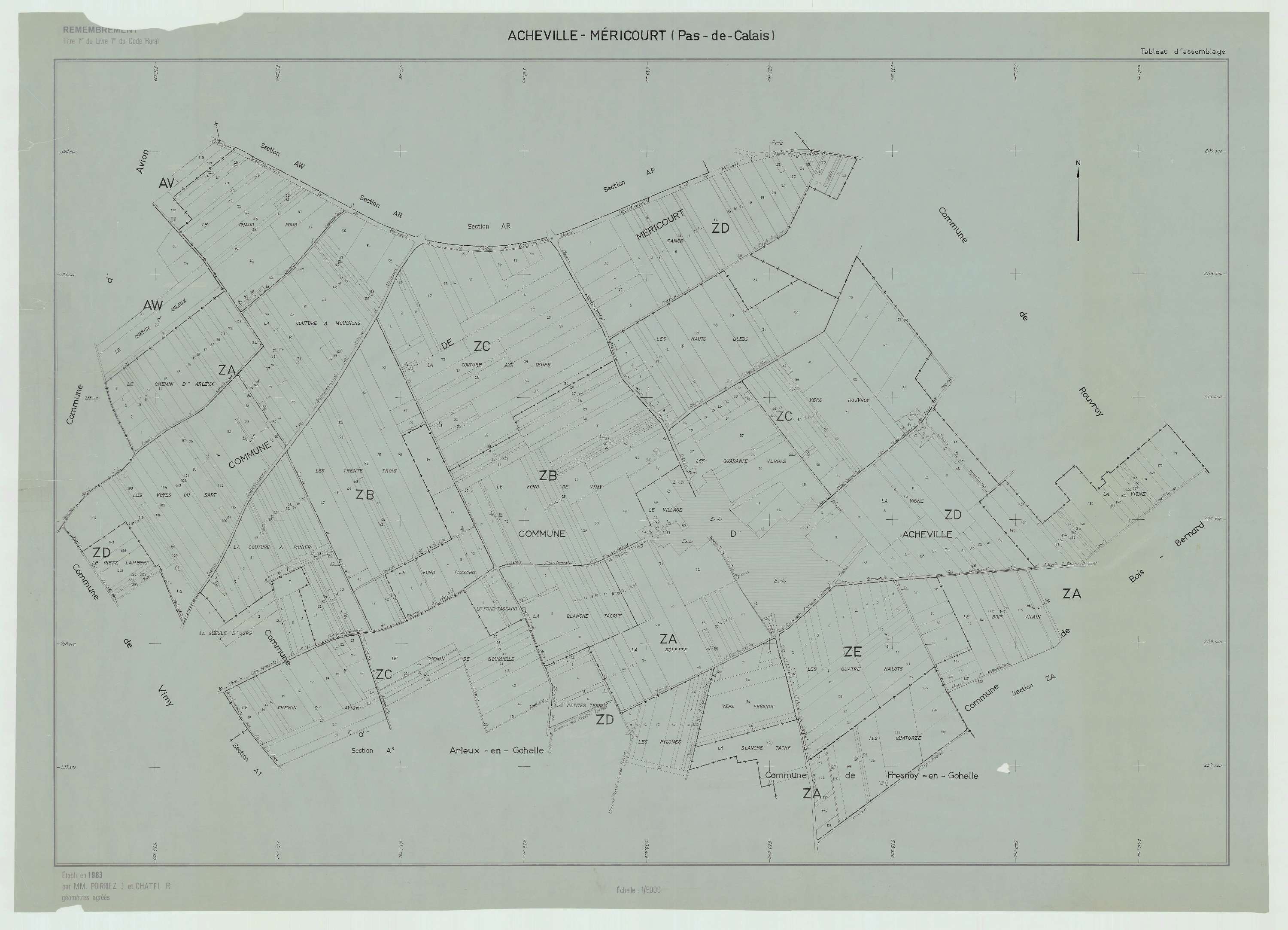 Acheville - Plan cadastral : tableau d'assemblage postérieur au remembrement.