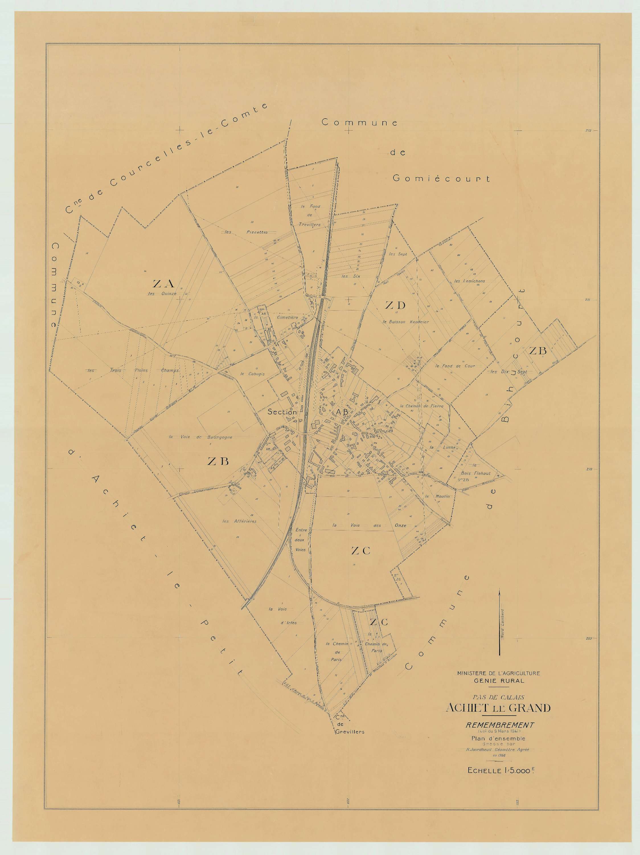 Achiet-le-Grand - Plan cadastral : tableau d'assemblage postérieur au remembrement.