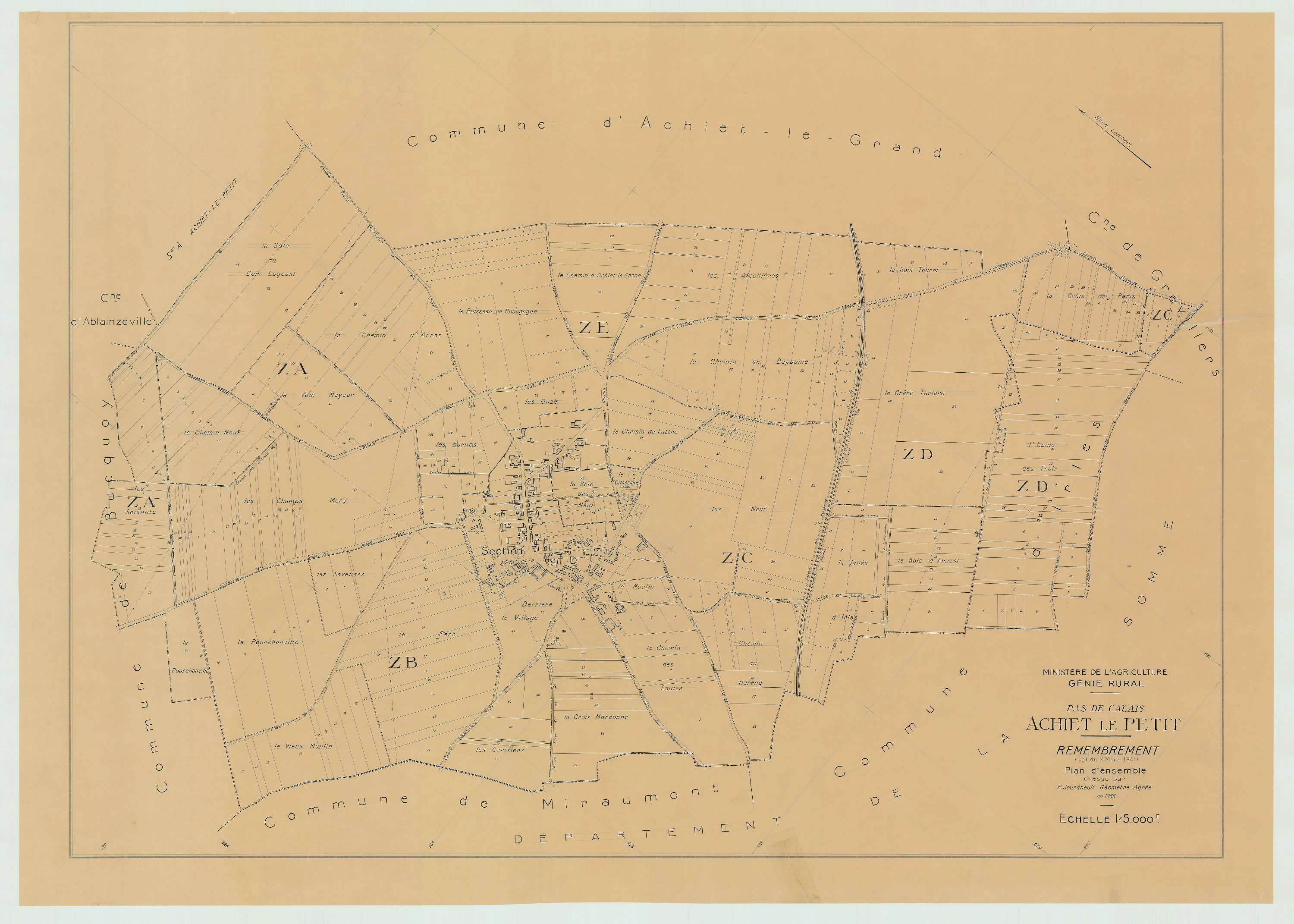 Achiet-le-Petit - Plan cadastral : tableau d'assemblage postérieur au remembrement.