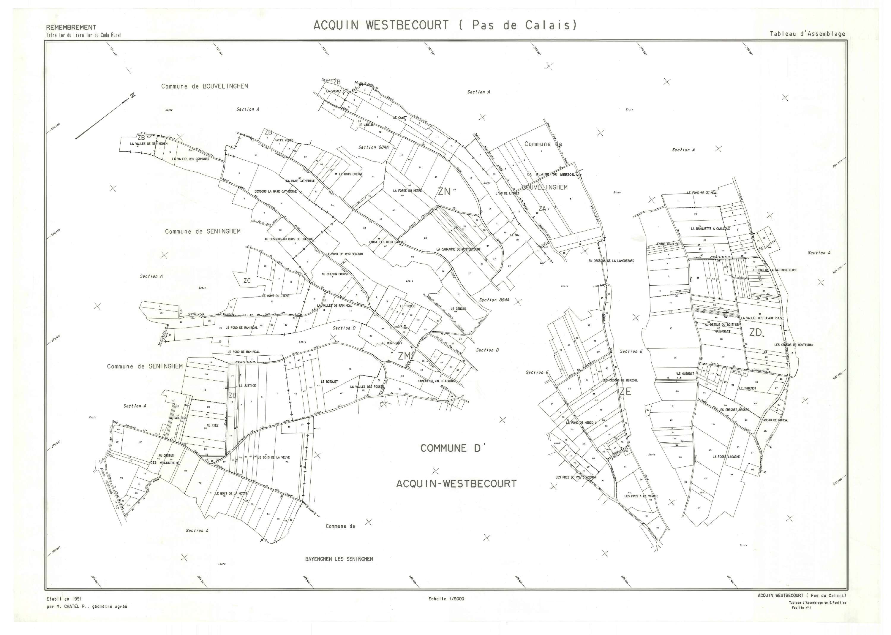 Acquin-Westbécourt - Plan cadastral : tableau d'assemblage postérieur au remembrement.