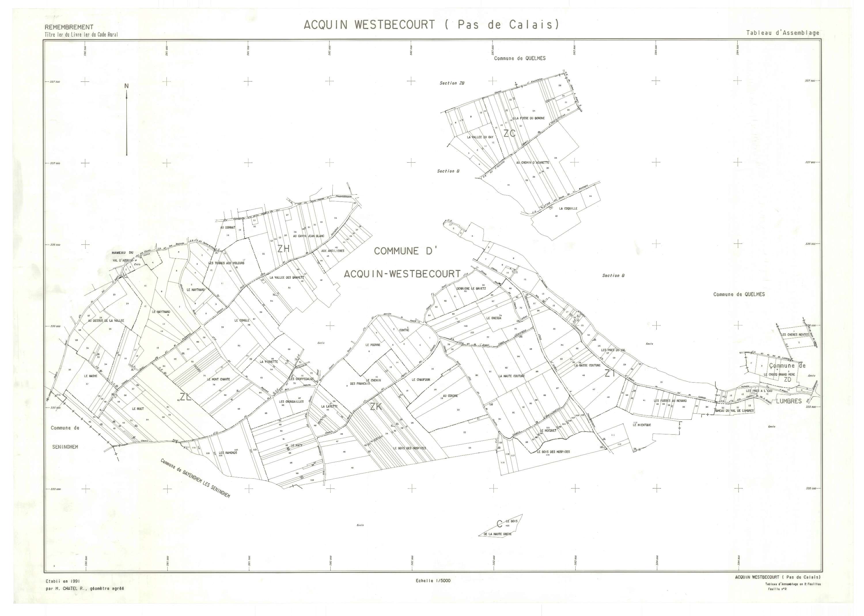 Acquin-Westbécourt - Plan cadastral : tableau d'assemblage postérieur au remembrement.