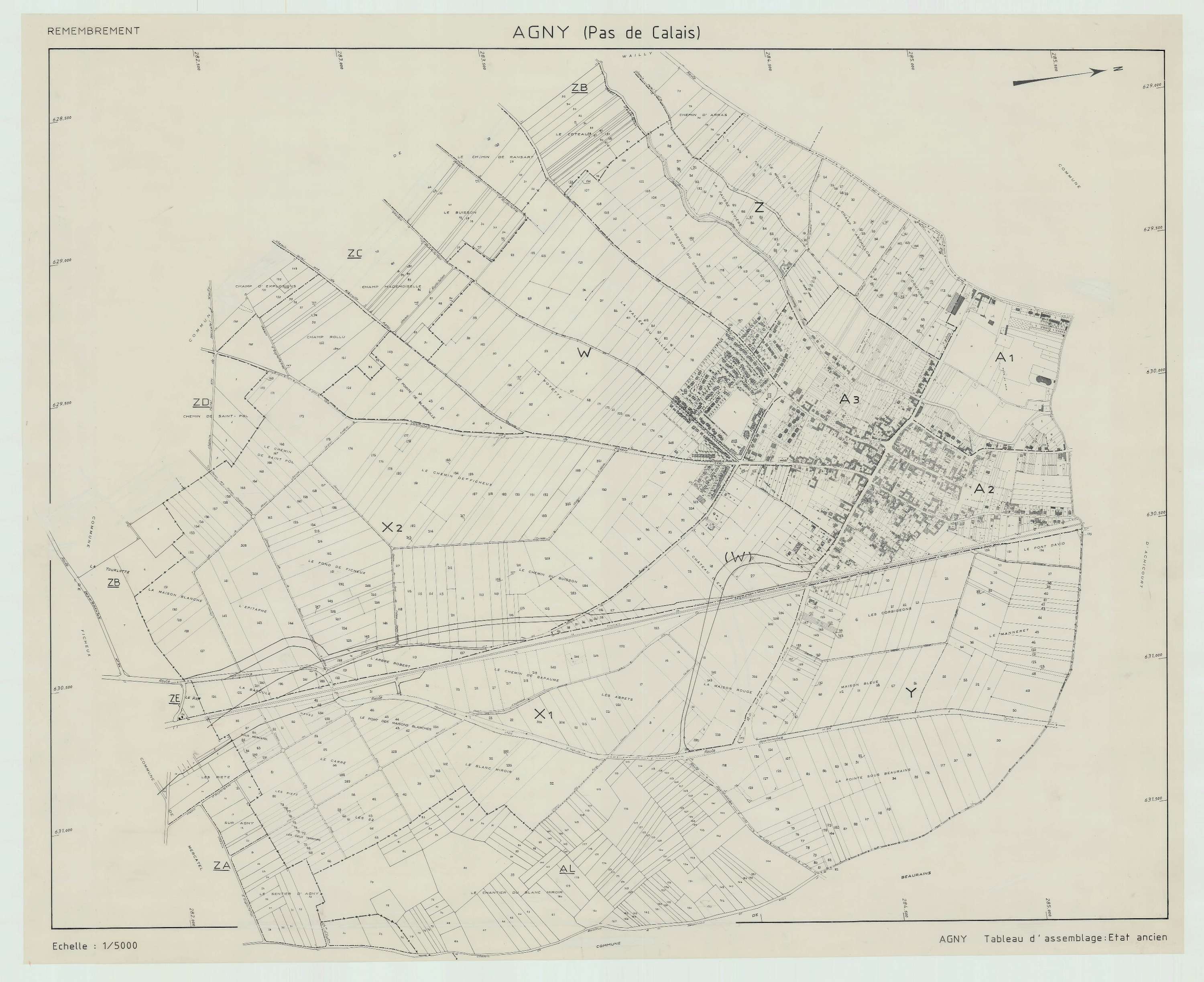 Agny - Plan cadastral : tableau d'assemblage antérieur au remembrement.