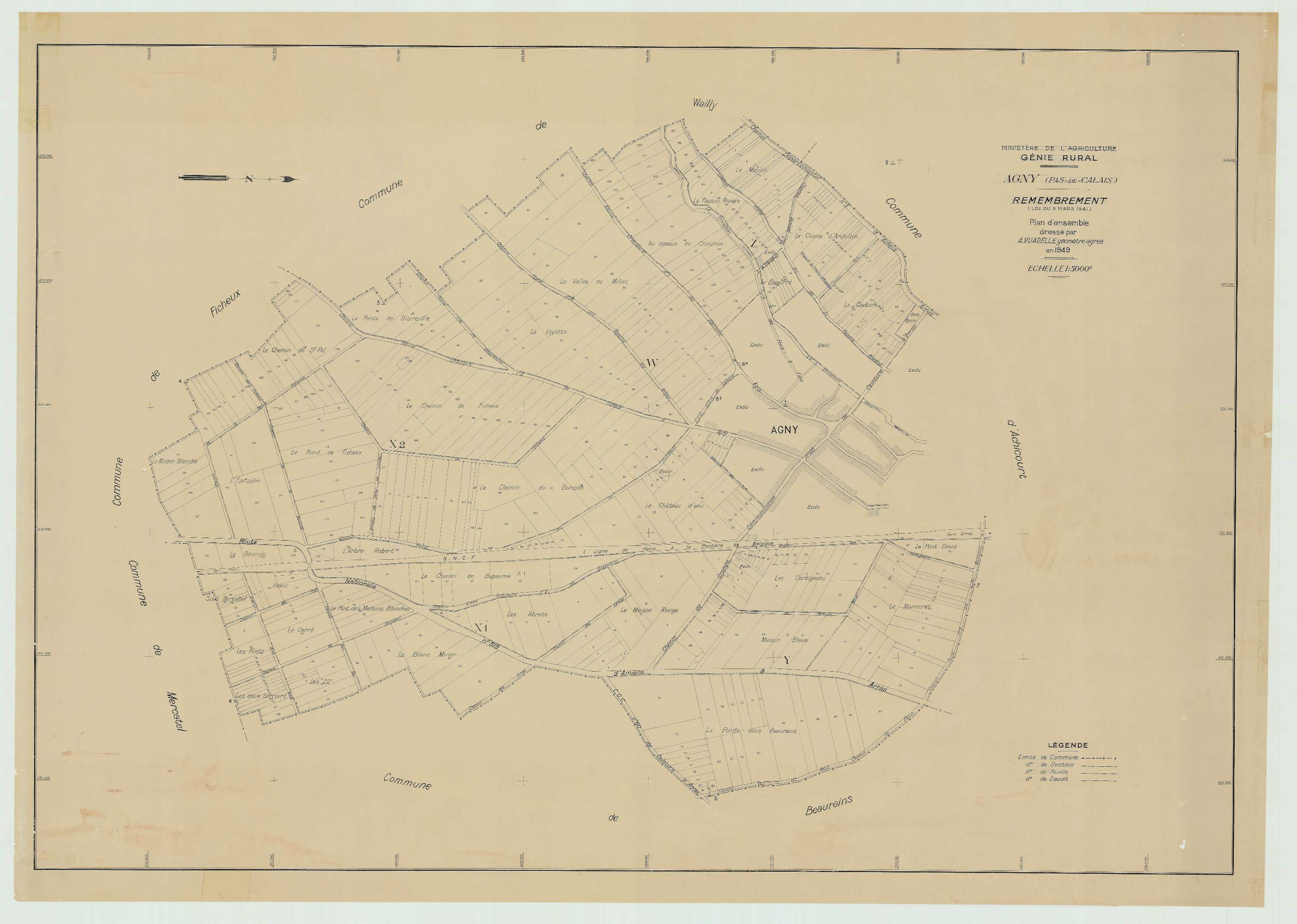 Agny - Plan cadastral : tableau d'assemblage antérieur au remembrement.