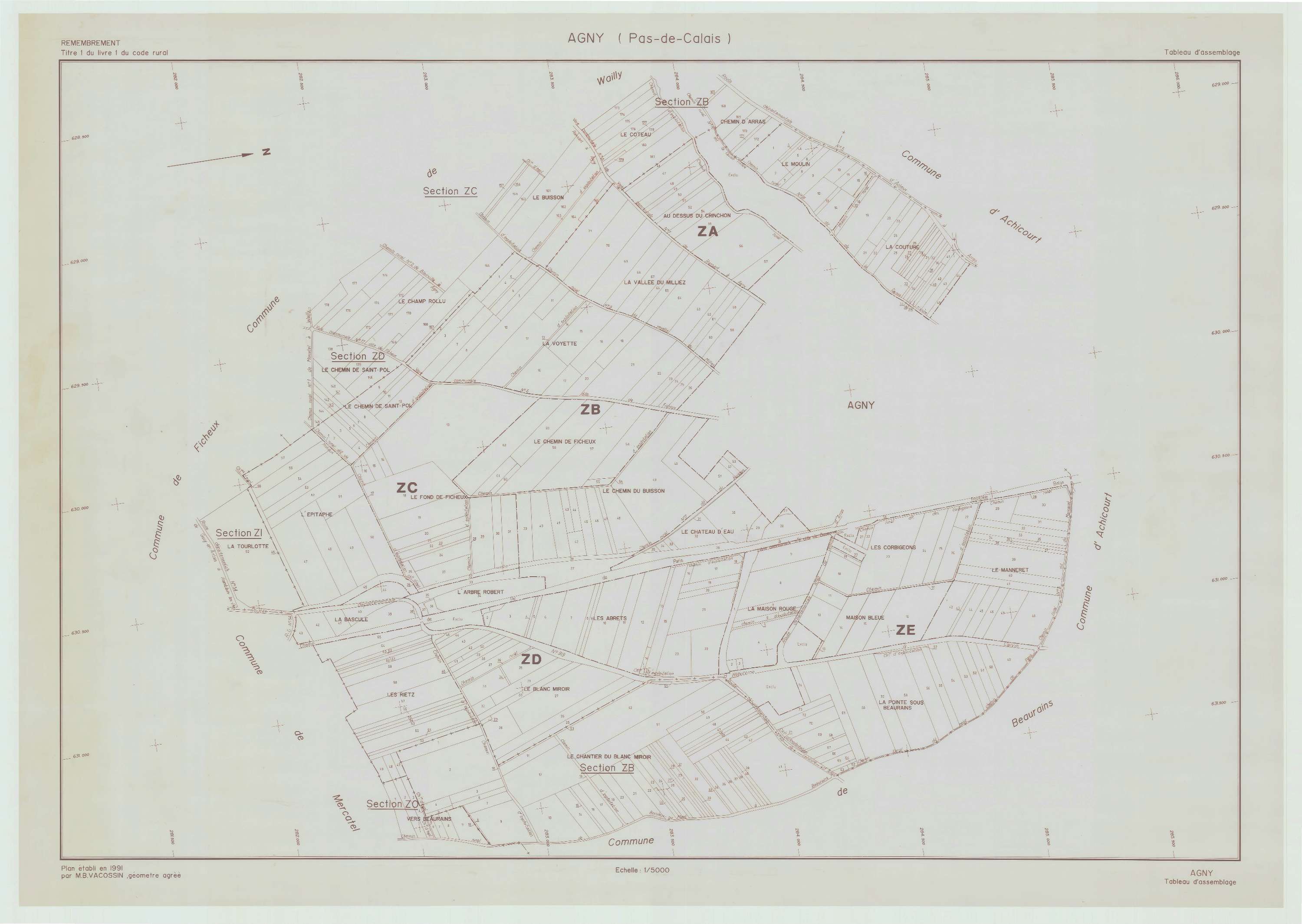 Agny - Plan cadastral : tableau d'assemblage postérieur au remembrement.