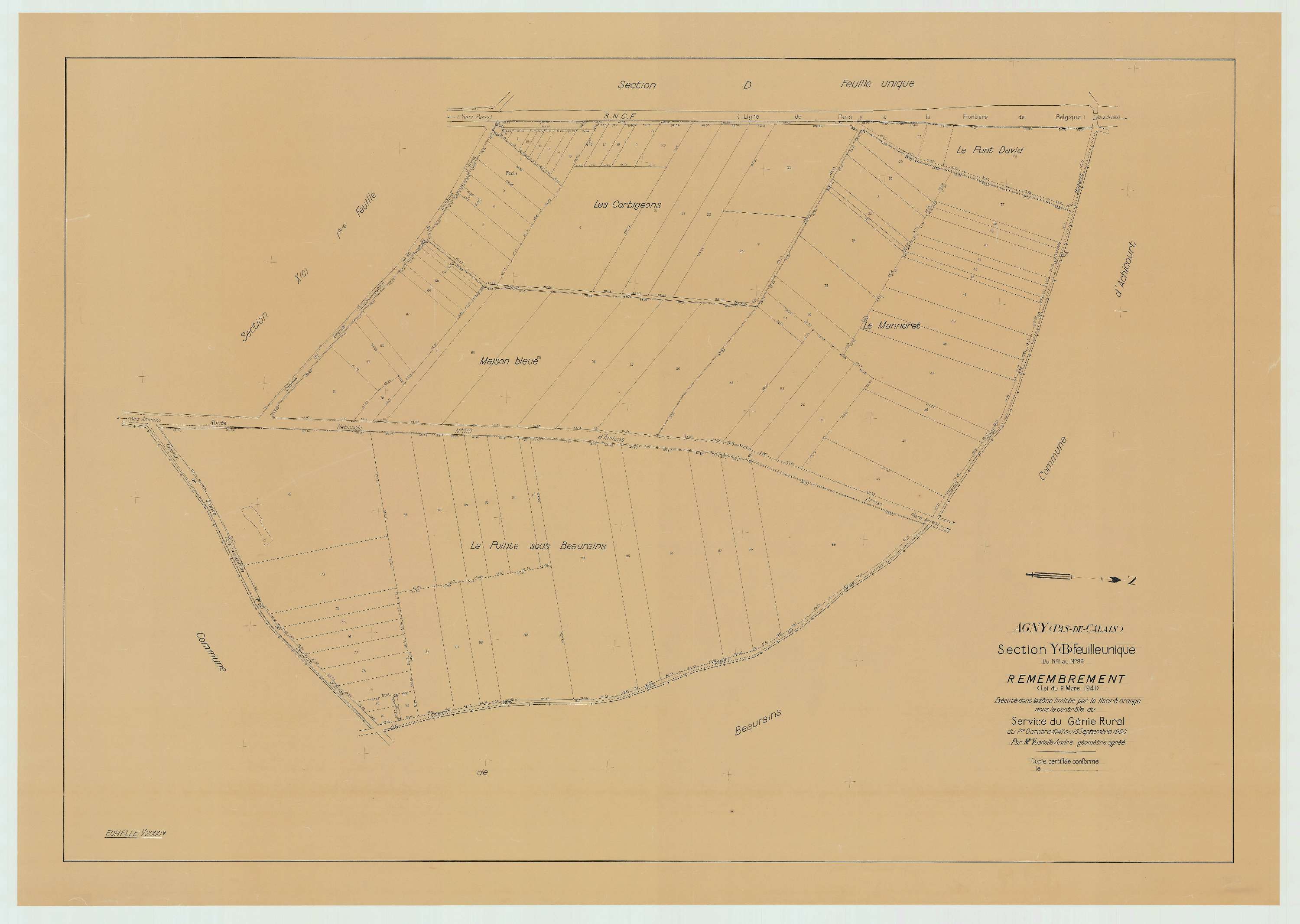 Agny - Plan de remembrement : section YB.