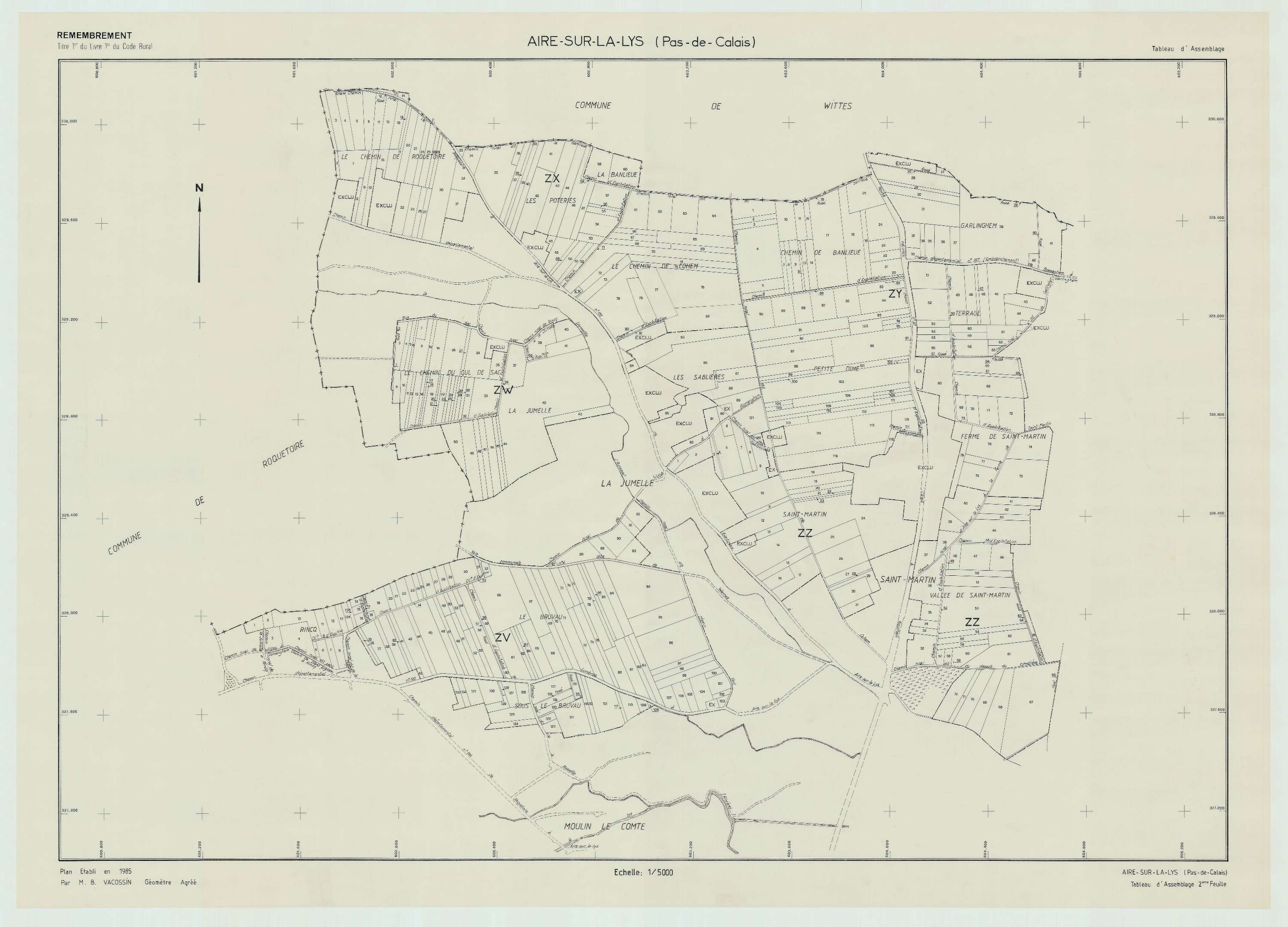Aire-sur-la-Lys - Plan cadastral : tableau d'assemblage postérieur au remembrement.