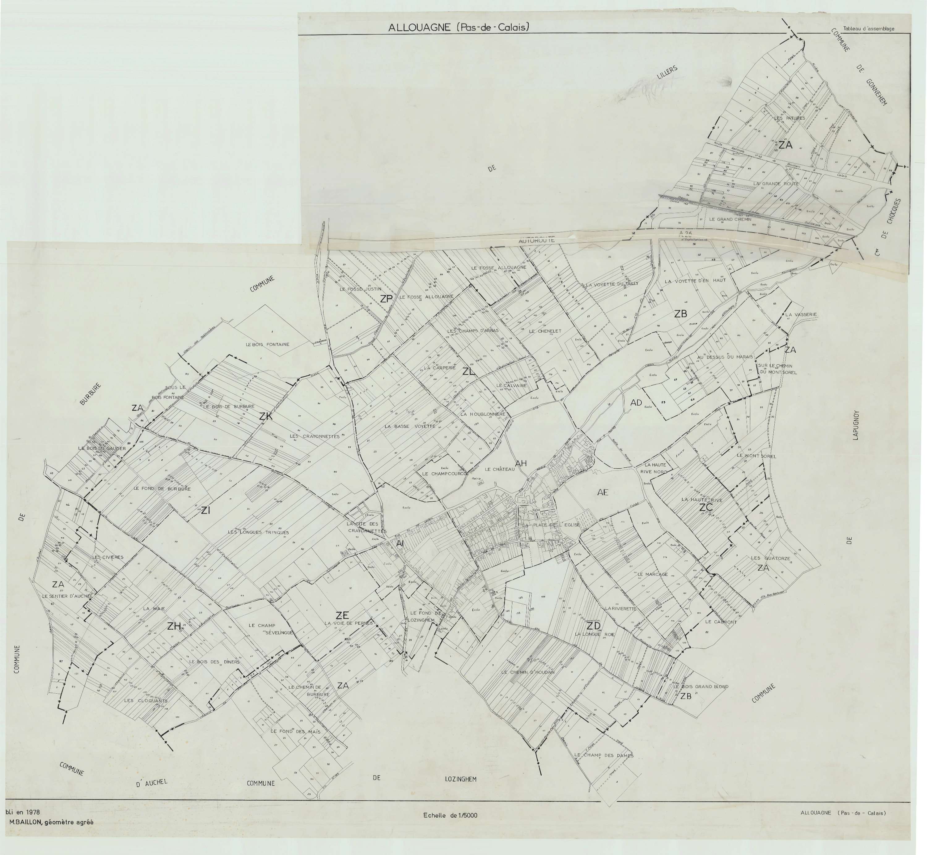 Allouagne - Plan cadastral : tableau d'assemblage postérieur au remembrement.
