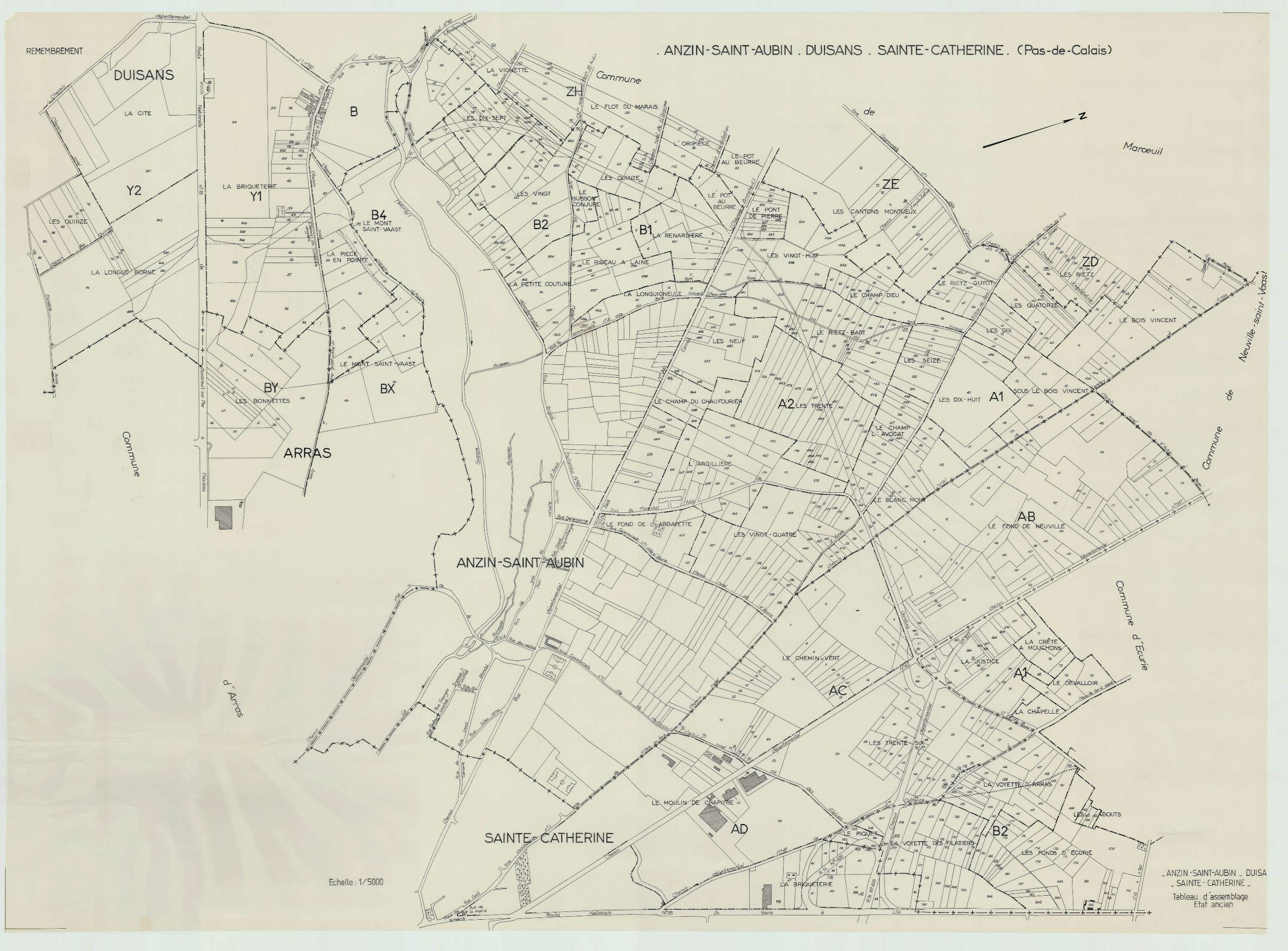 Anzin-Saint-Aubin - Plan cadastral : tableau d'assemblage antérieur au remembrement.