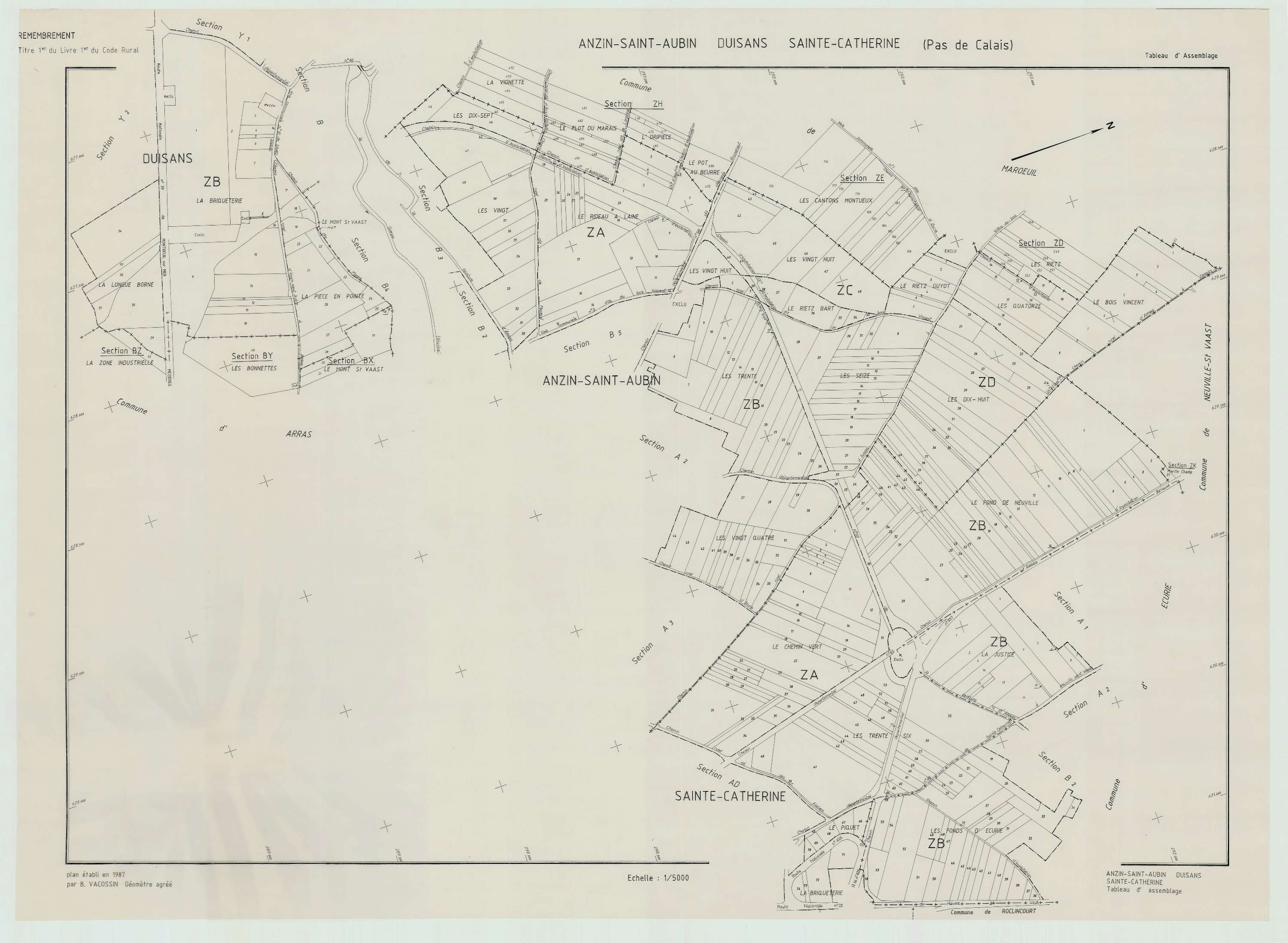 Anzin-Saint-Aubin - Plan cadastral : tableau d'assemblage postérieur au remembrement.