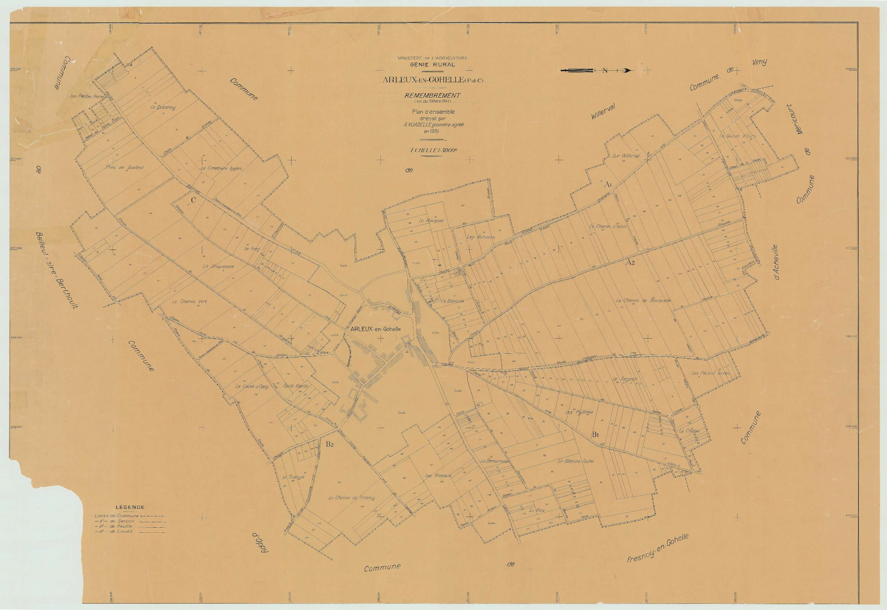 Arleux-en-Gohelle - Plan cadastral : tableau d'assemblage postérieur au remembrement.