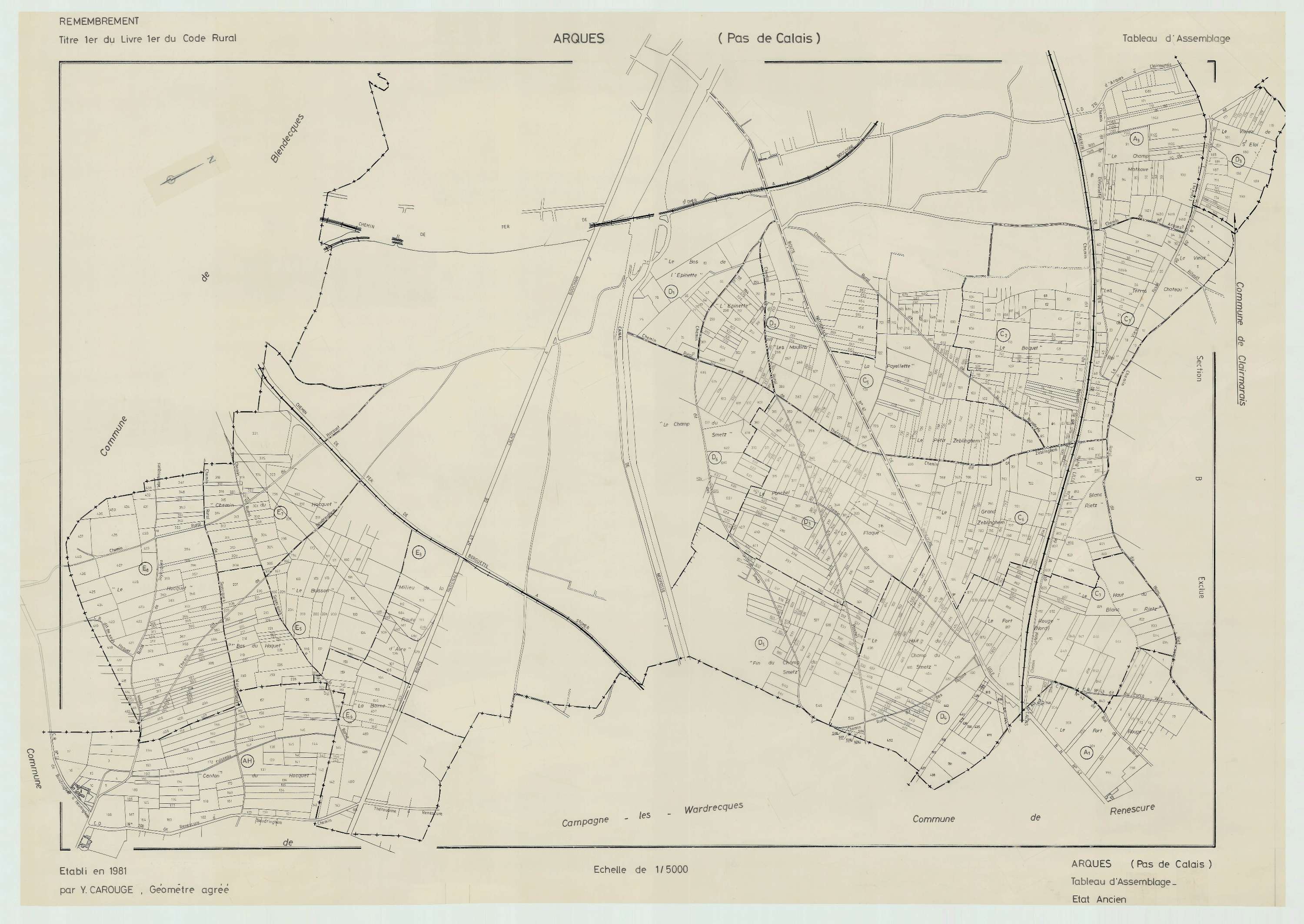 Arques - Plan cadastral : tableau d'assemblage antérieur au remembrement.
