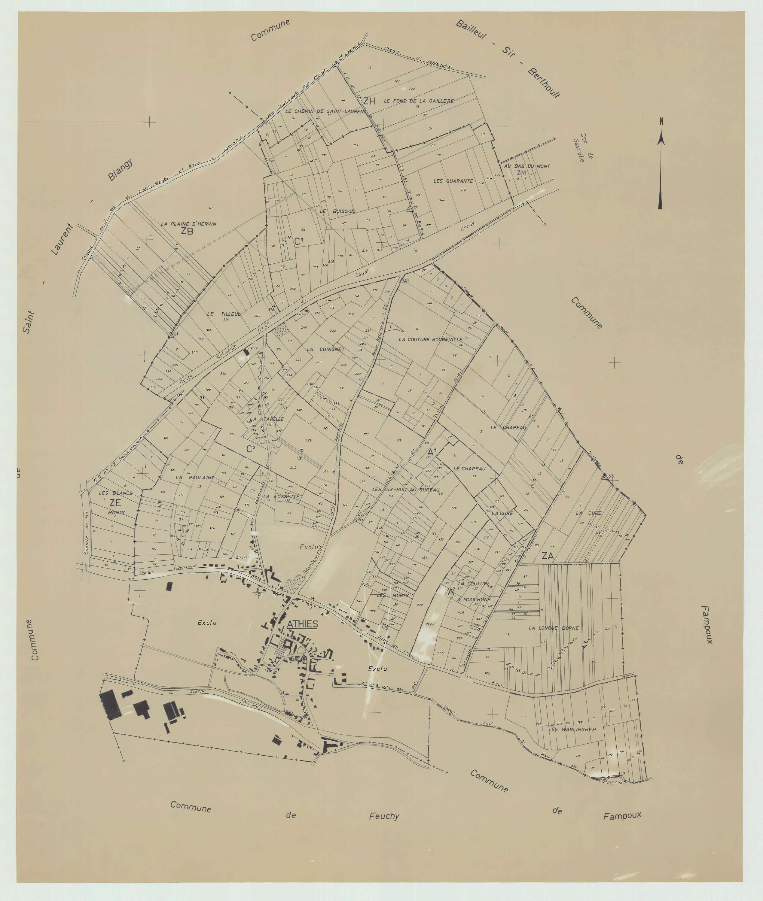 Athies - Plan cadastral : tableau d'assemblage antérieur au remembrement.