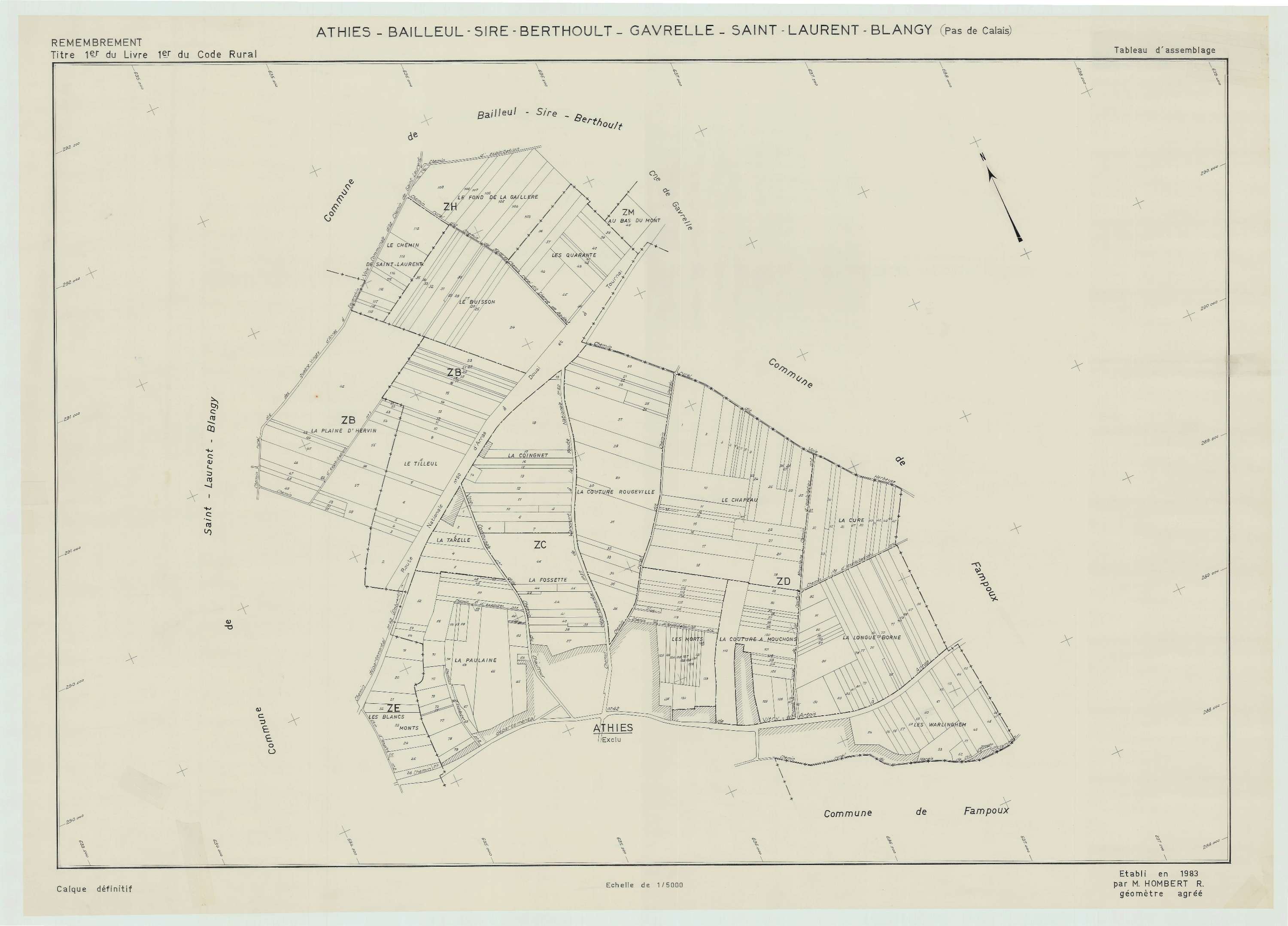 Athies - Plan cadastral : tableau d'assemblage postérieur au remembrement.