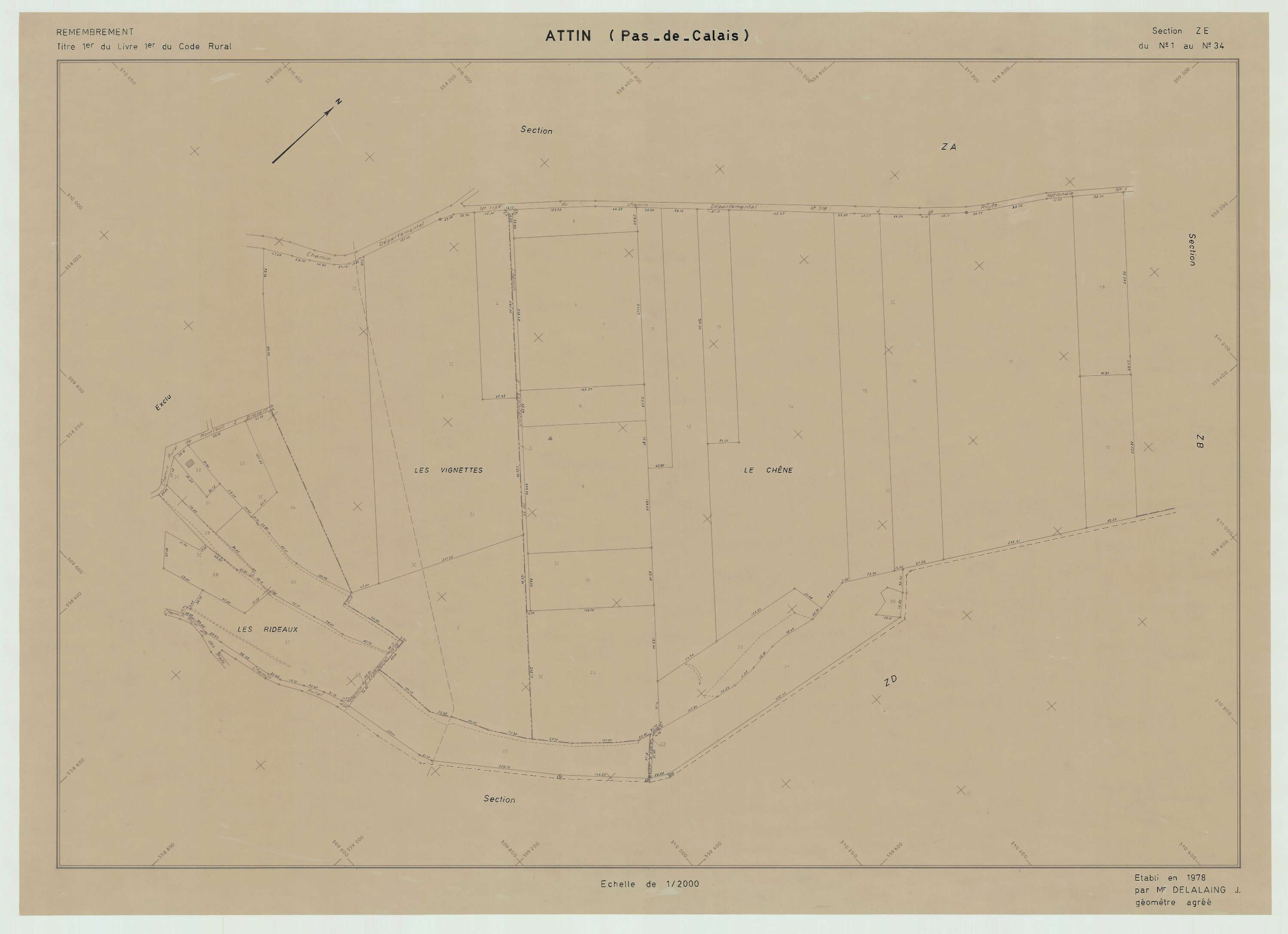 Attin - Plan cadastral : tableau d'assemblage postérieur au remembrement.