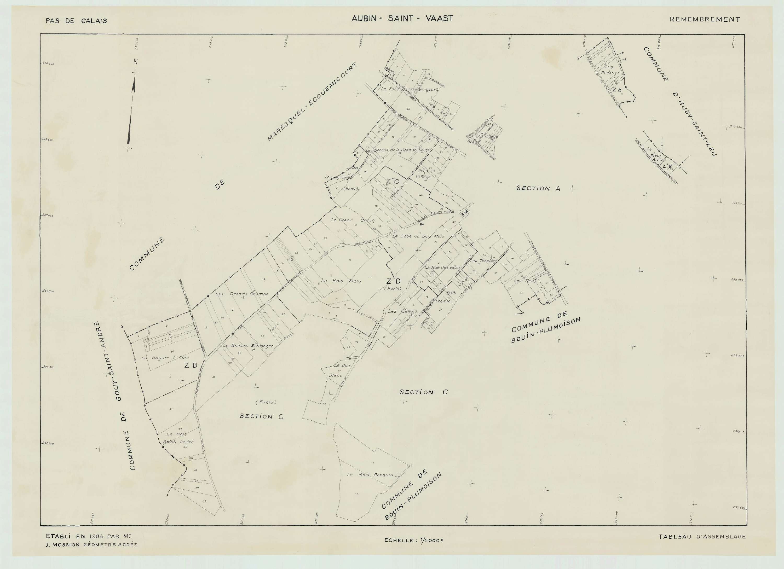 Aubin-Saint-Vaast - Plan cadastral : tableau d'assemblage postérieur au remembrement.