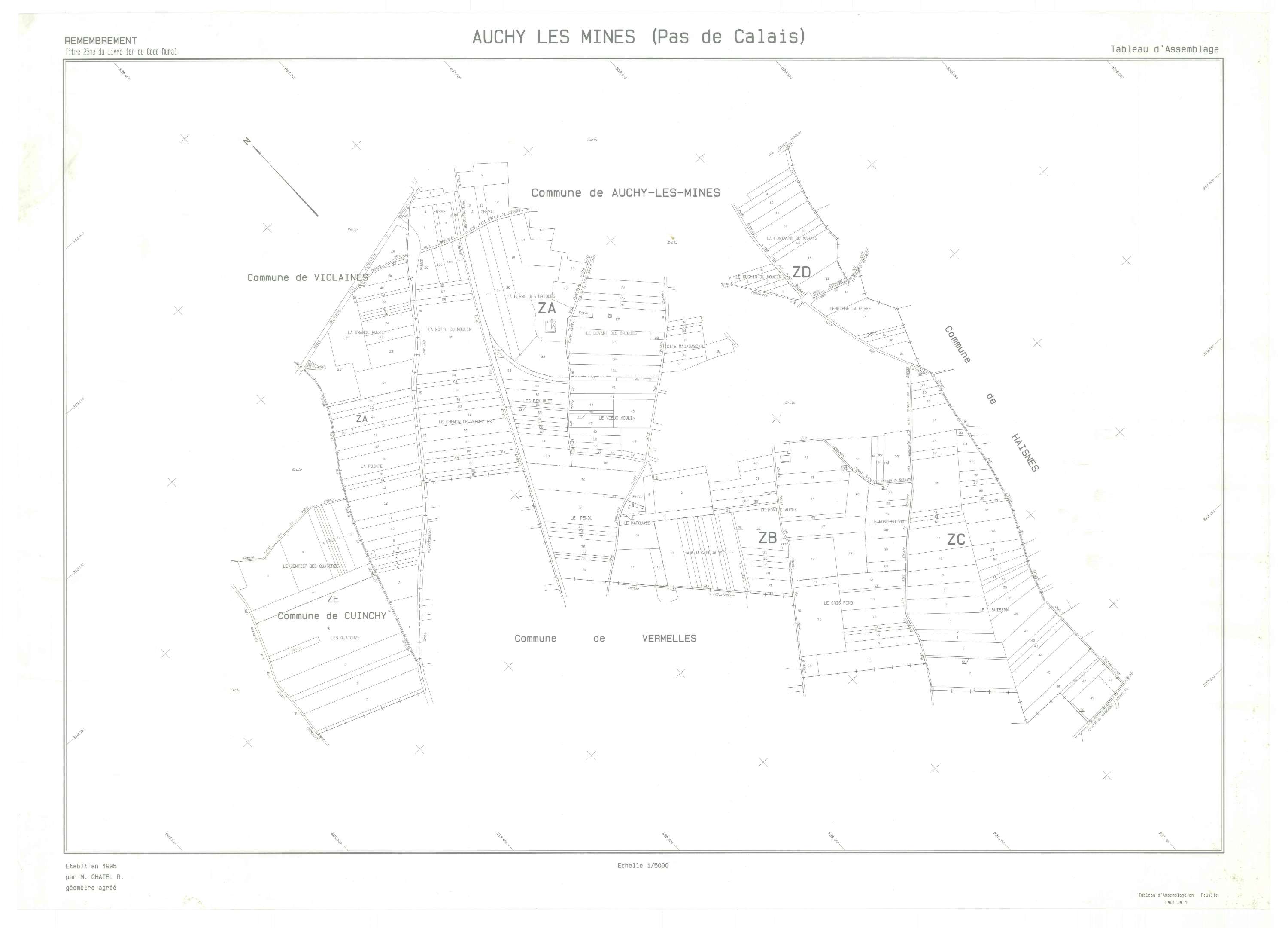 Auchy-les-Mines - Plan cadastral : tableau d'assemblage postérieur au remembrement.