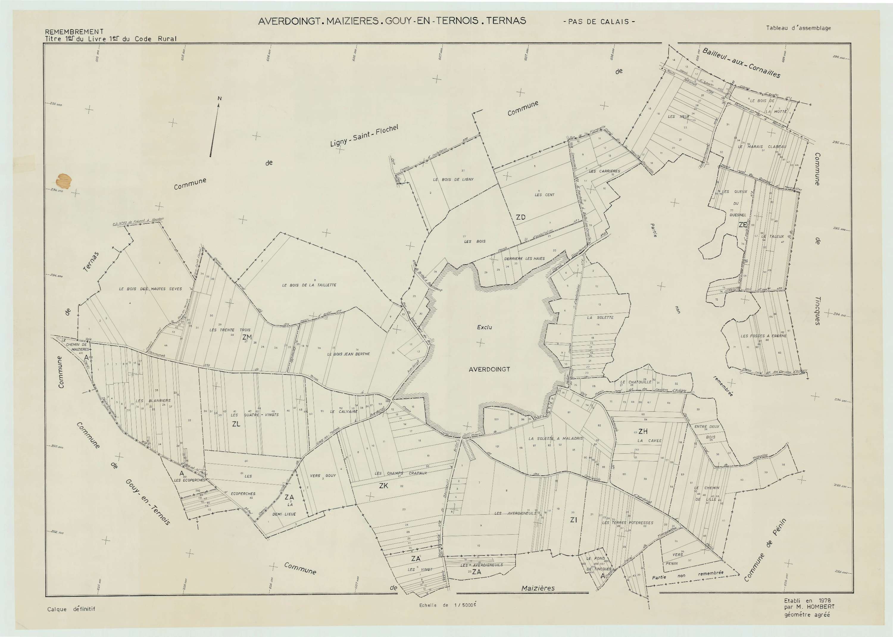 Averdoingt - Plan cadastral : tableau d'assemblage postérieur au remembrement.