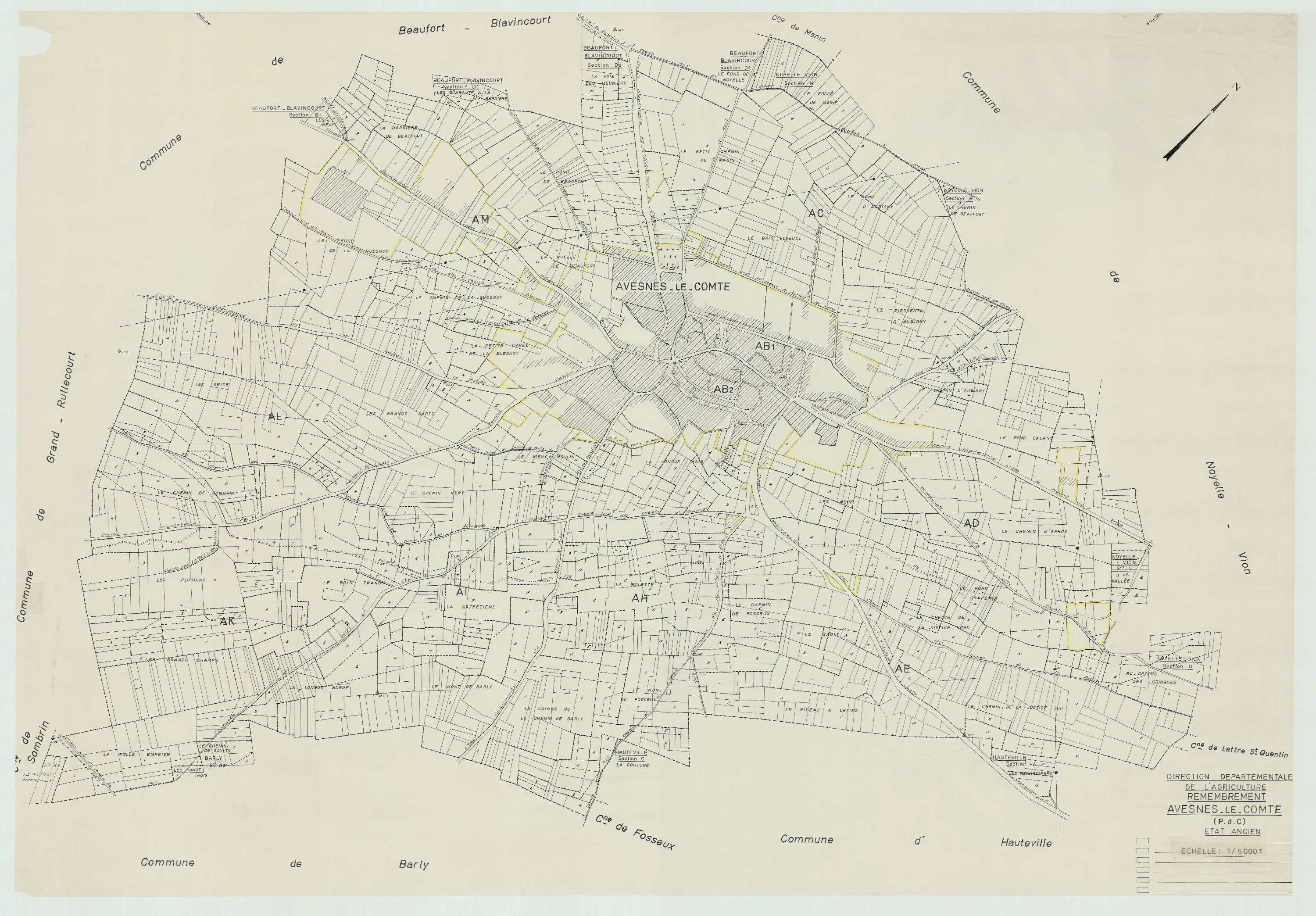 Avesnes-le-Comte - Plan cadastral : tableau d'assemblage antérieur au remembrement.