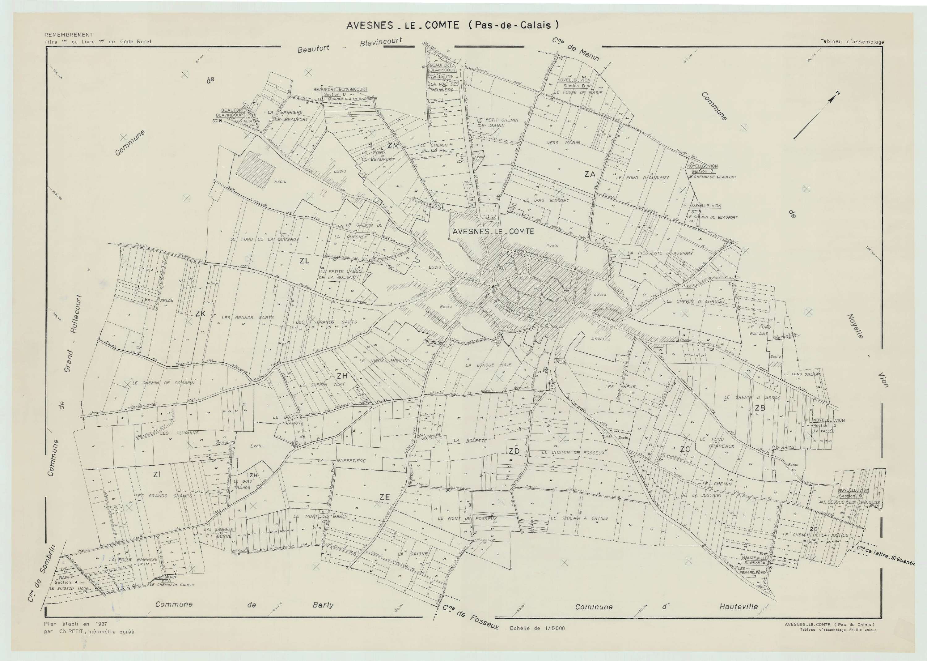 Avesnes-le-Comte - Plan cadastral : tableau d'assemblage postérieur au remembrement.