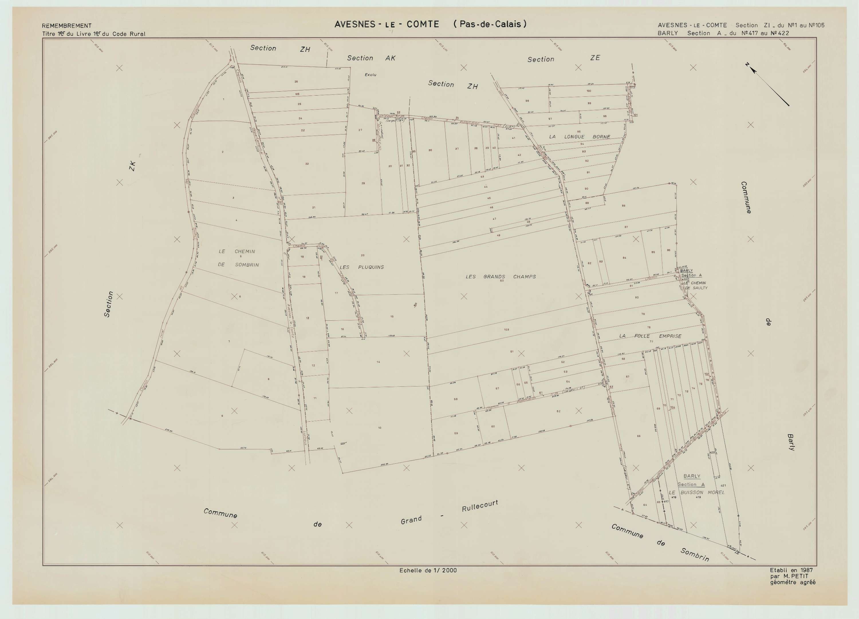 Avesnes-le-Comte - Plan de remembrement : section ZI.