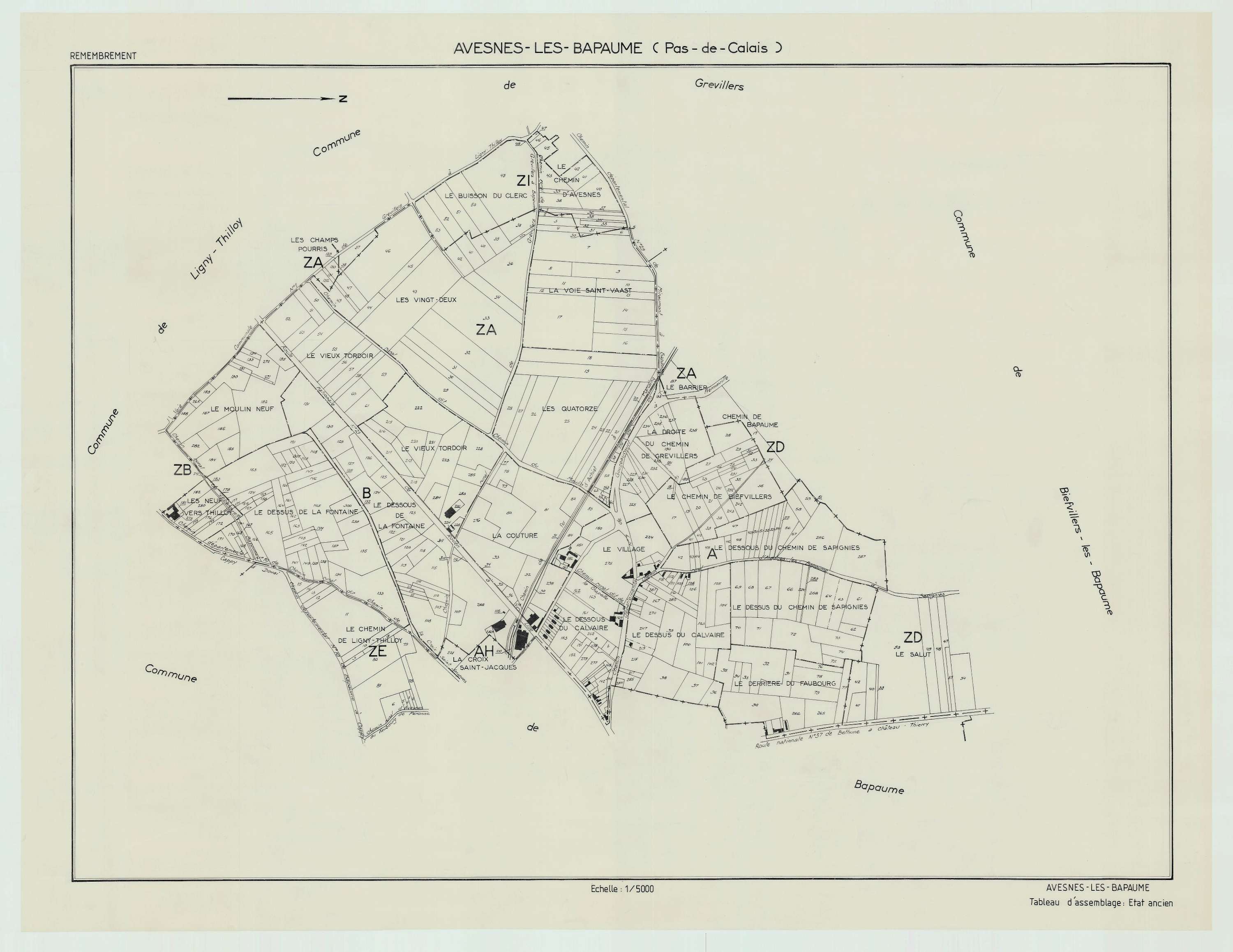 Avesnes-lès-Bapaume - Plan cadastral : tableau d'assemblage postérieur au remembrement.