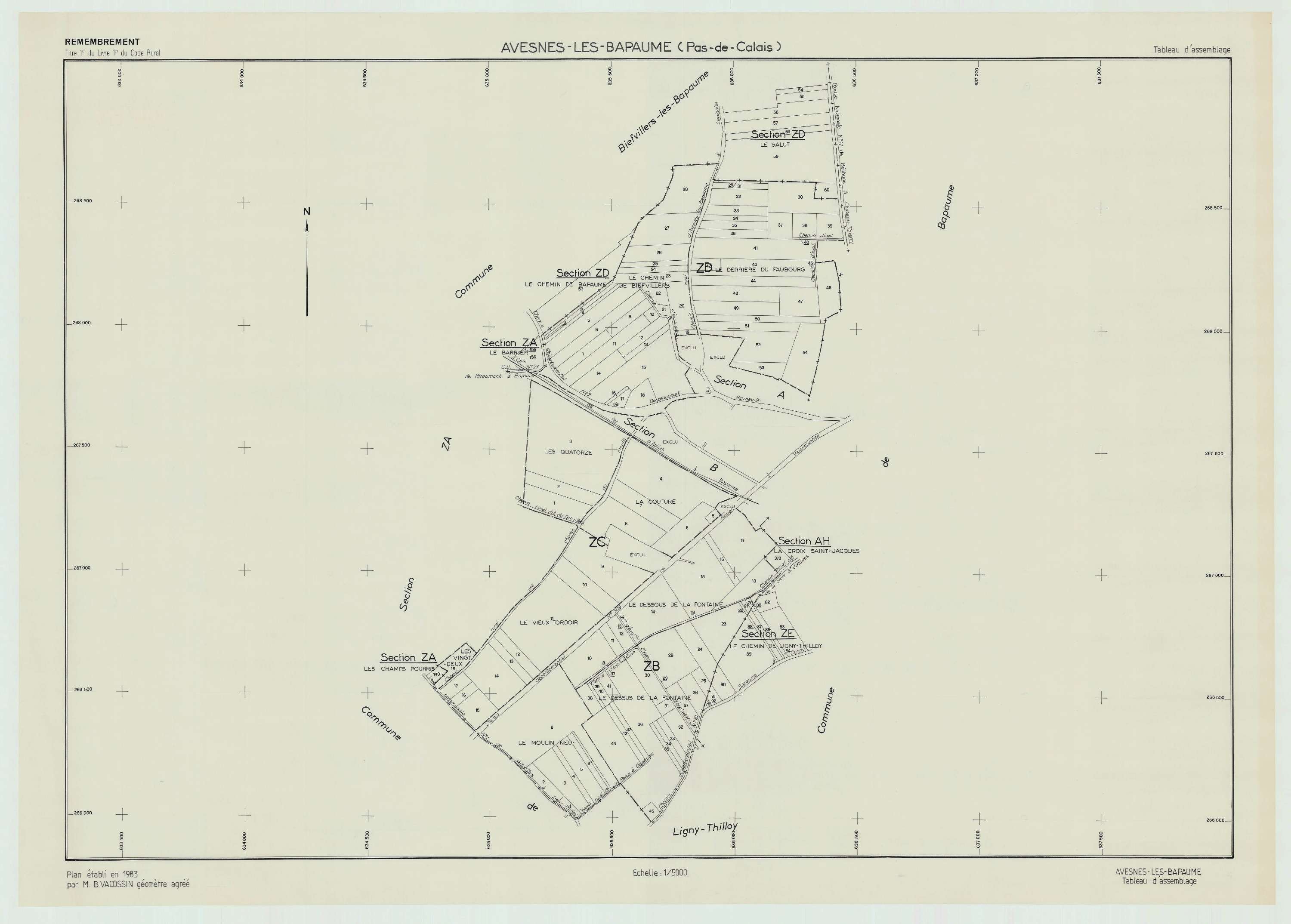 Avesnes-lès-Bapaume - Plan cadastral : tableau d'assemblage postérieur au remembrement.