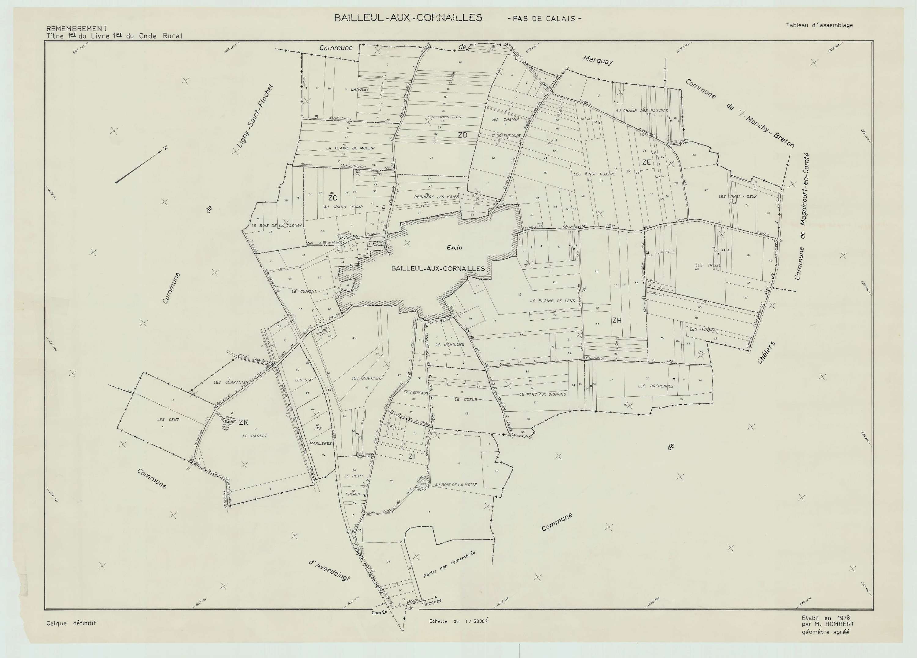 Bailleul-aux-Cornailles - Plan cadastral : tableau d'assemblage postérieur au remembrement.