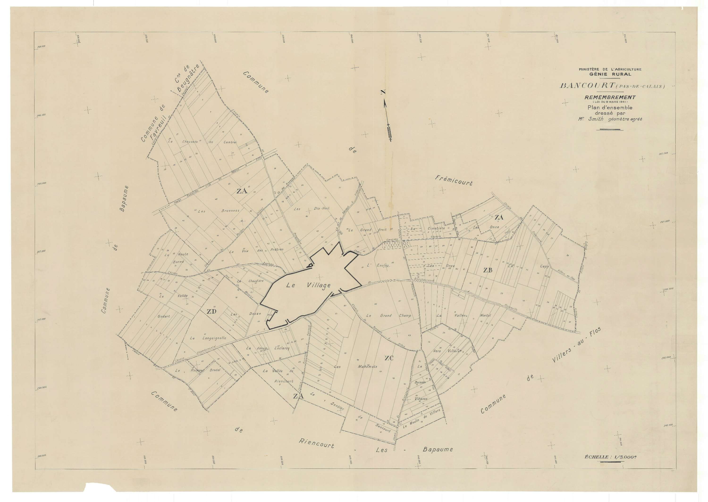 Bancourt - Plan cadastral : tableau d'assemblage postérieur au remembrement.