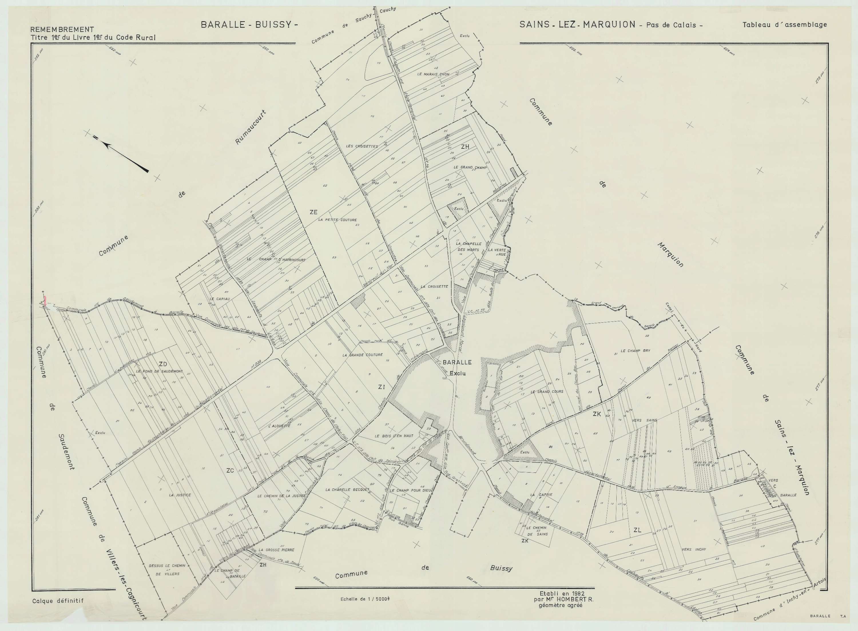 Baralle - Plan cadastral : tableau d'assemblage postérieur au remembrement.