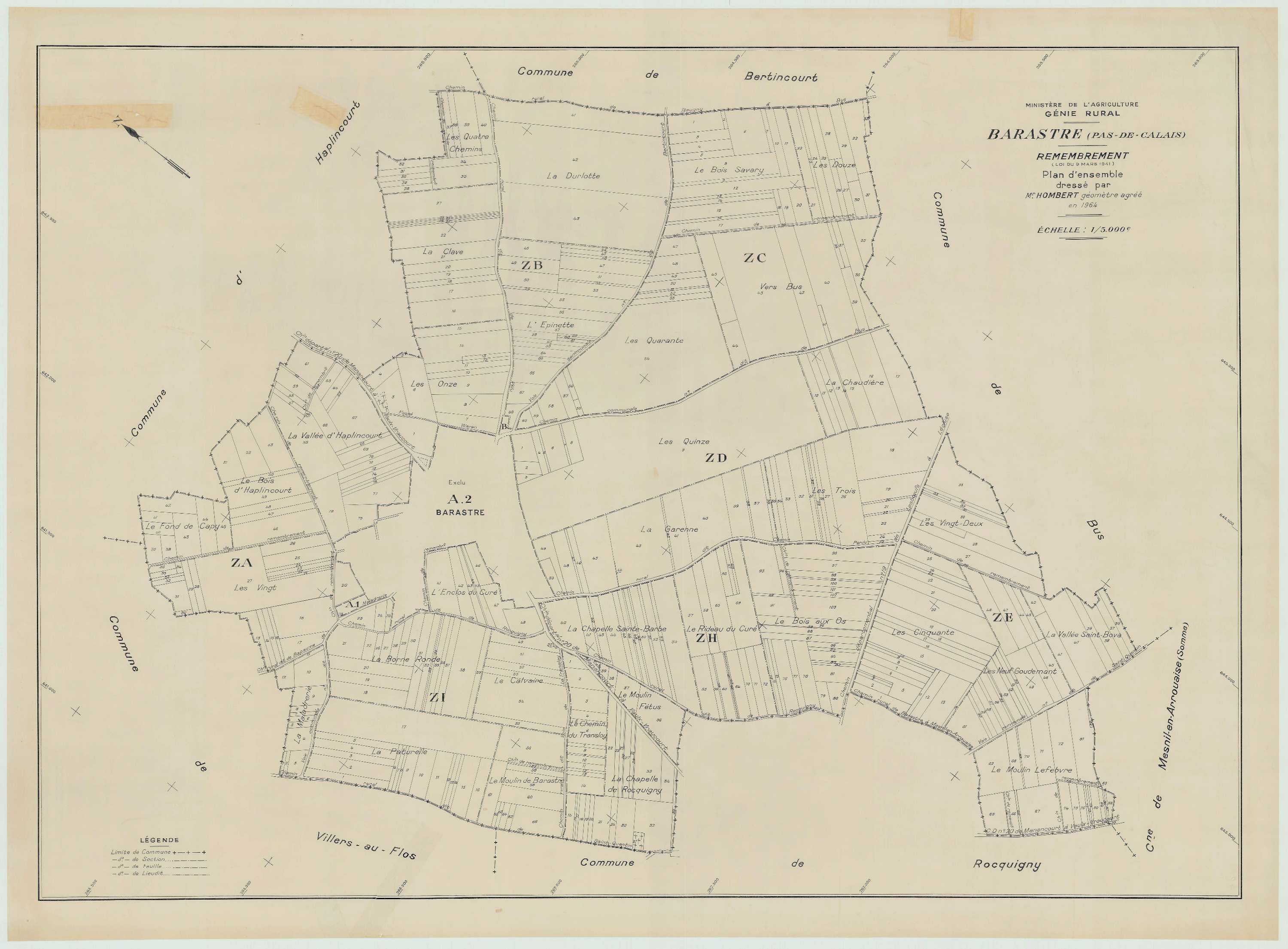 Barastre - Plan cadastral : tableau d'assemblage postérieur au remembrement.
