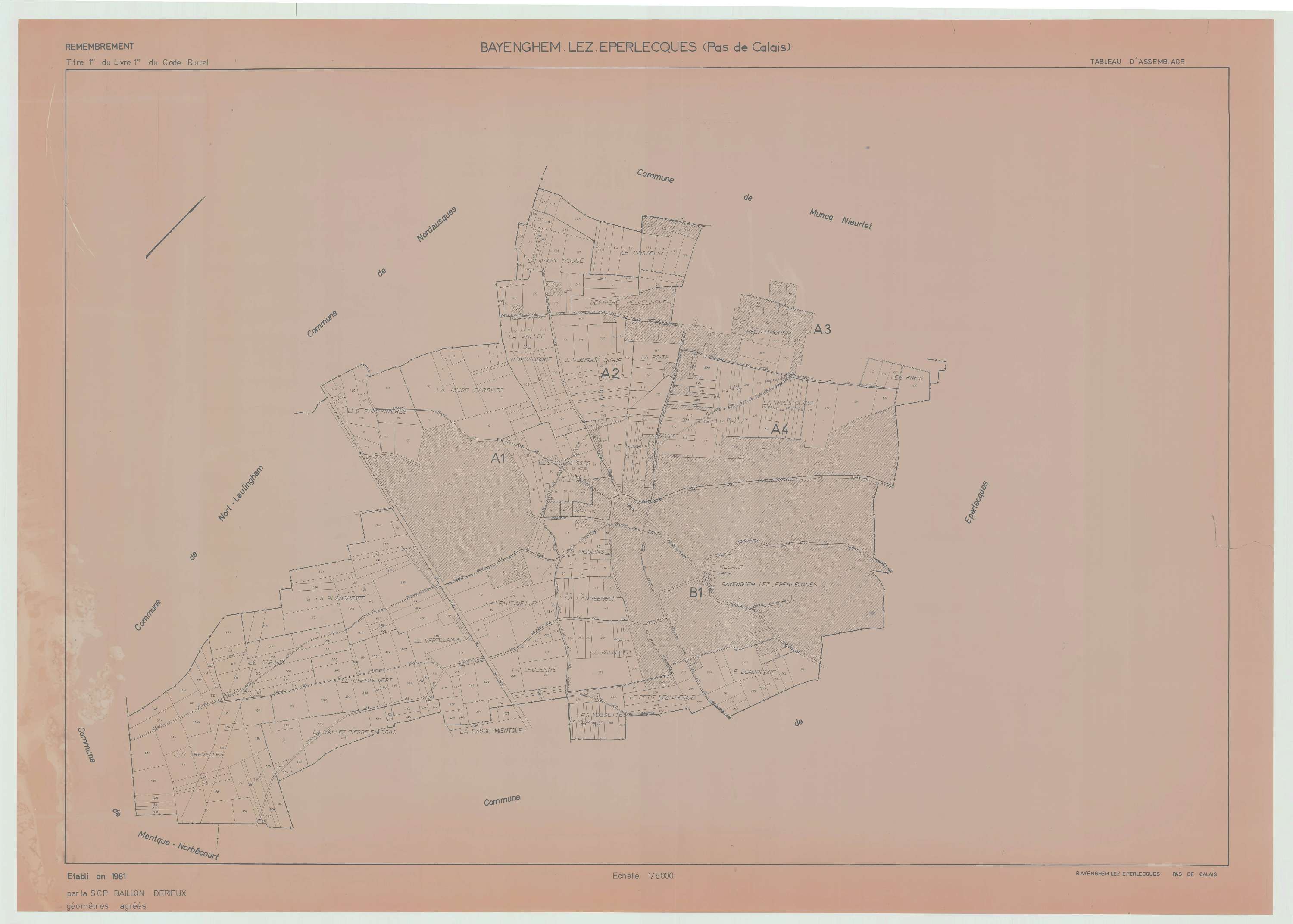 Bayenghem-lès-Éperlecques - Plan cadastral : tableau d'assemblage antérieur au remembrement.