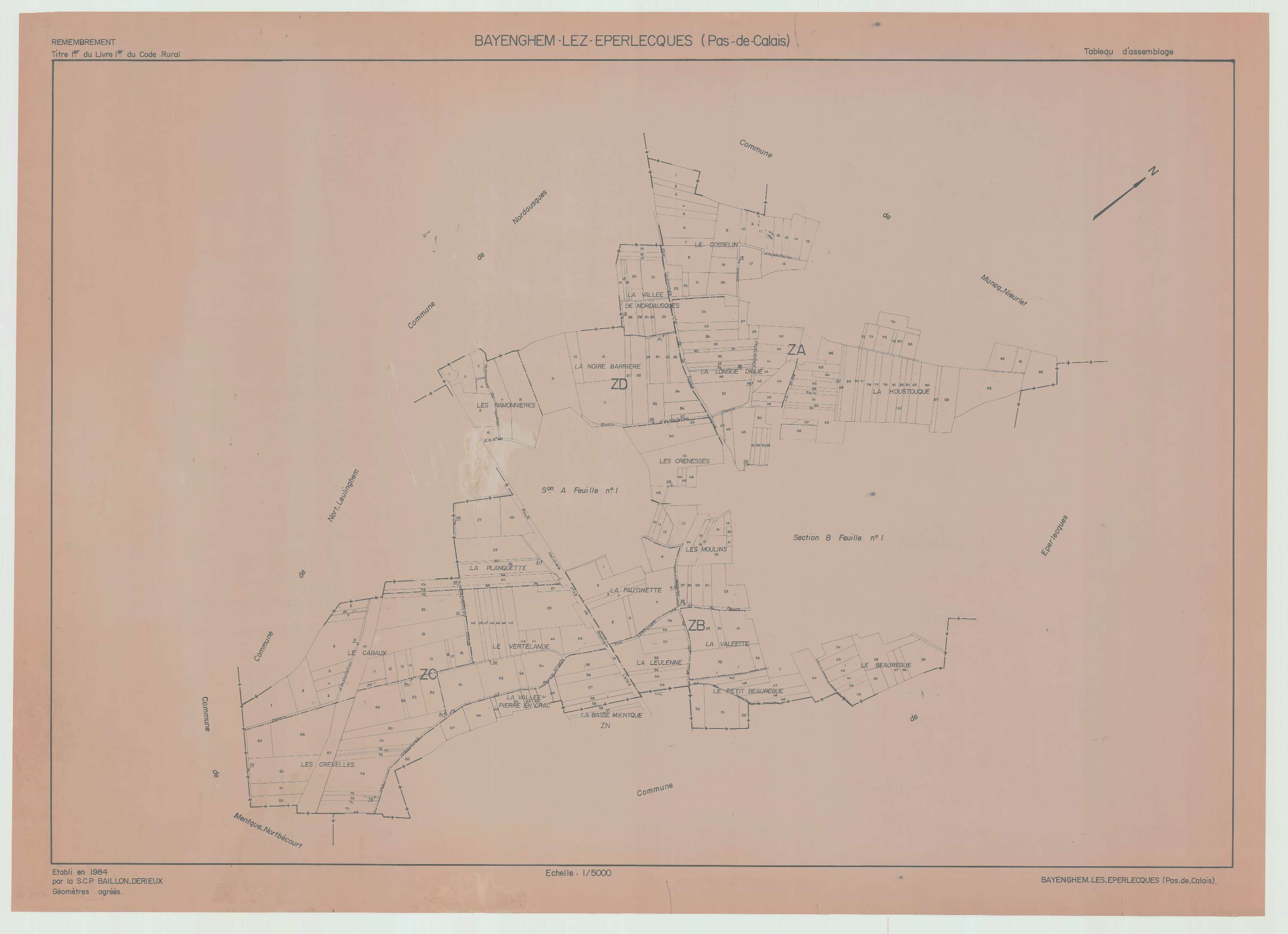 Bayenghem-lès-Éperlecques - Plan cadastral : tableau d'assemblage postérieur au remembrement.