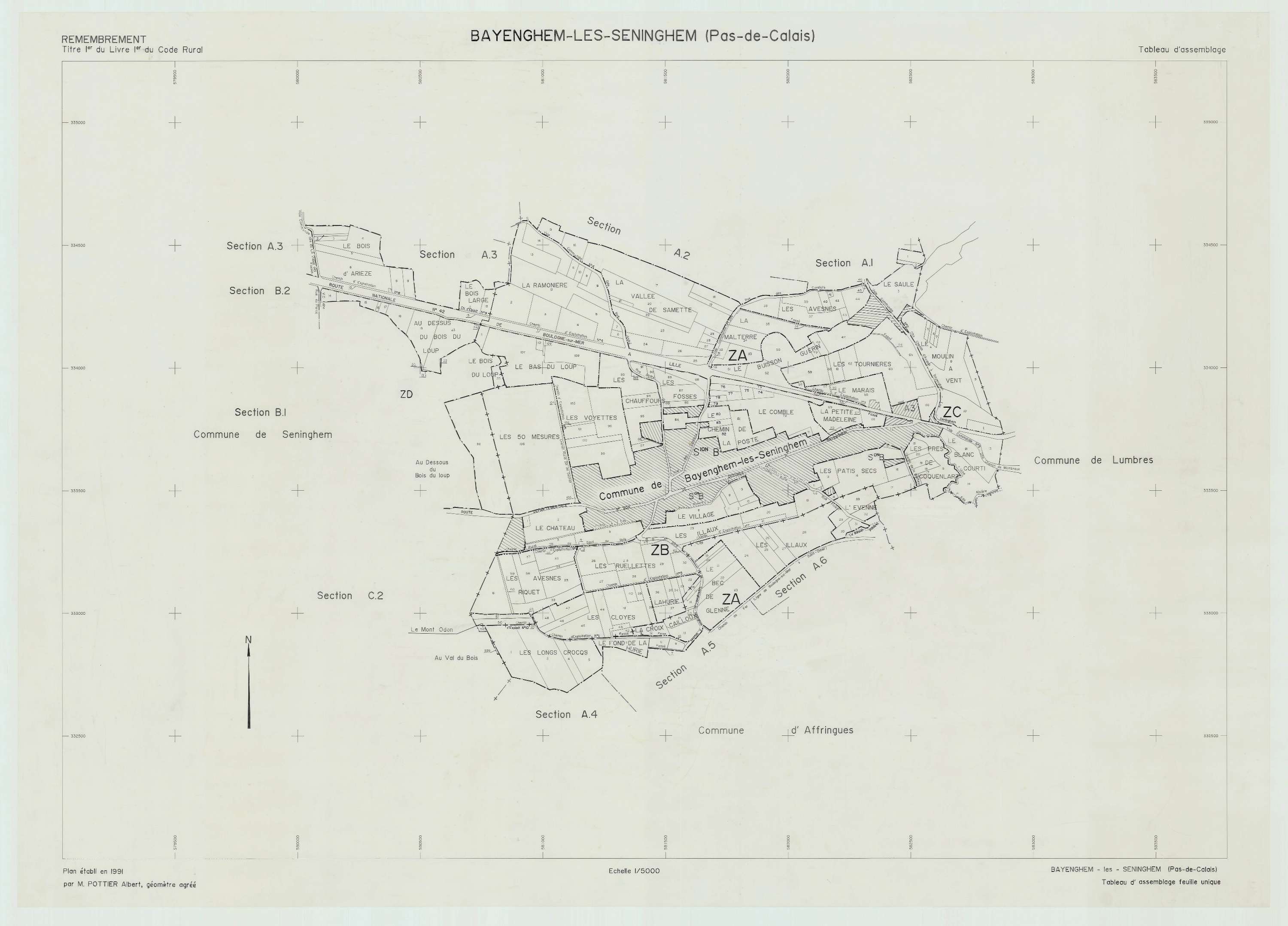 Bayenghem-lès-Seninghem - Plan cadastral : tableau d'assemblage postérieur au remembrement.