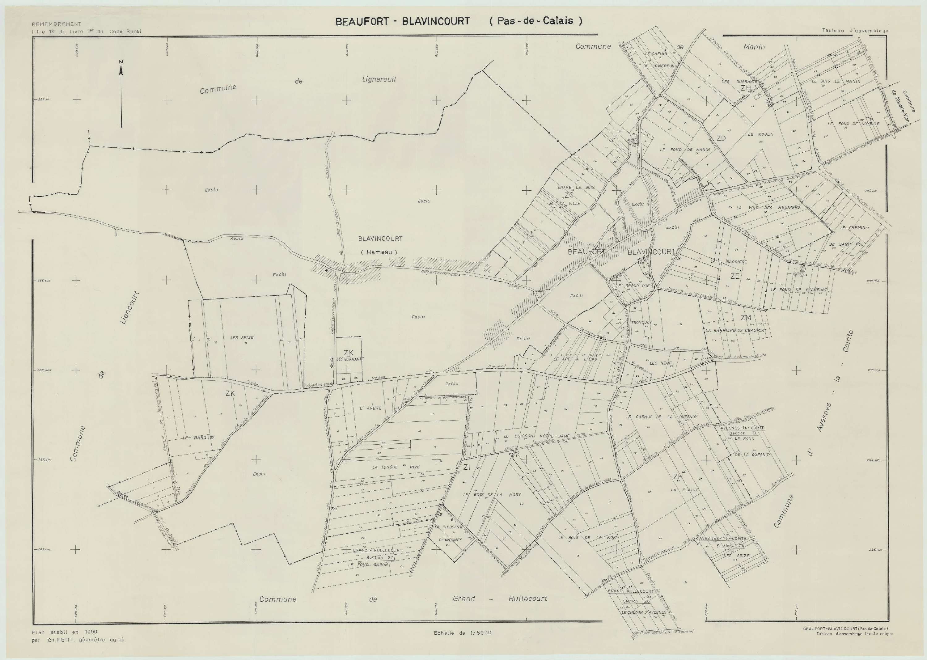 Beaufort-Blavincourt - Plan cadastral : tableau d'assemblage postérieur au remembrement.