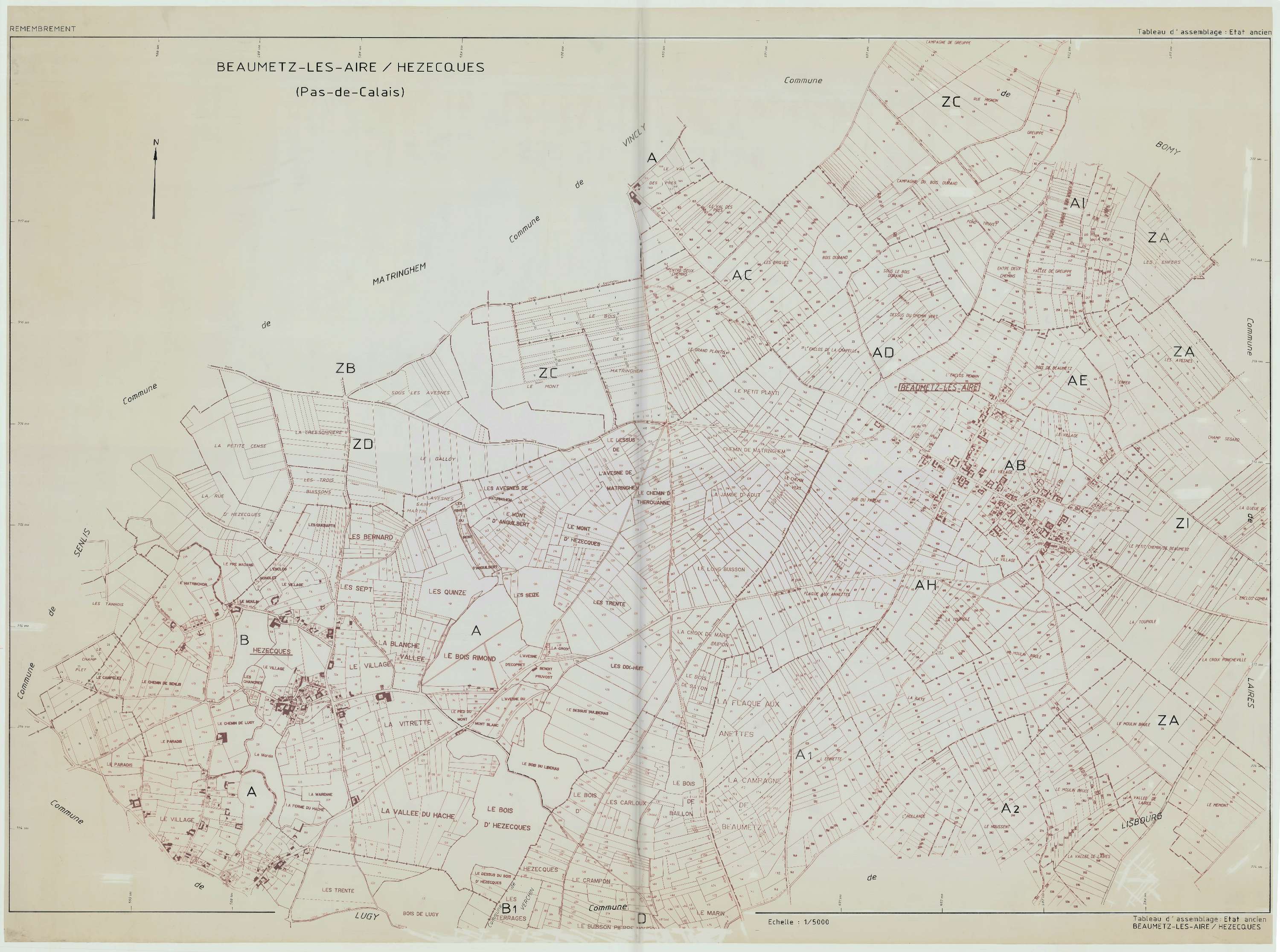 Beaumetz-lès-Aire - Plan cadastral : tableau d'assemblage antérieur au remembrement.
